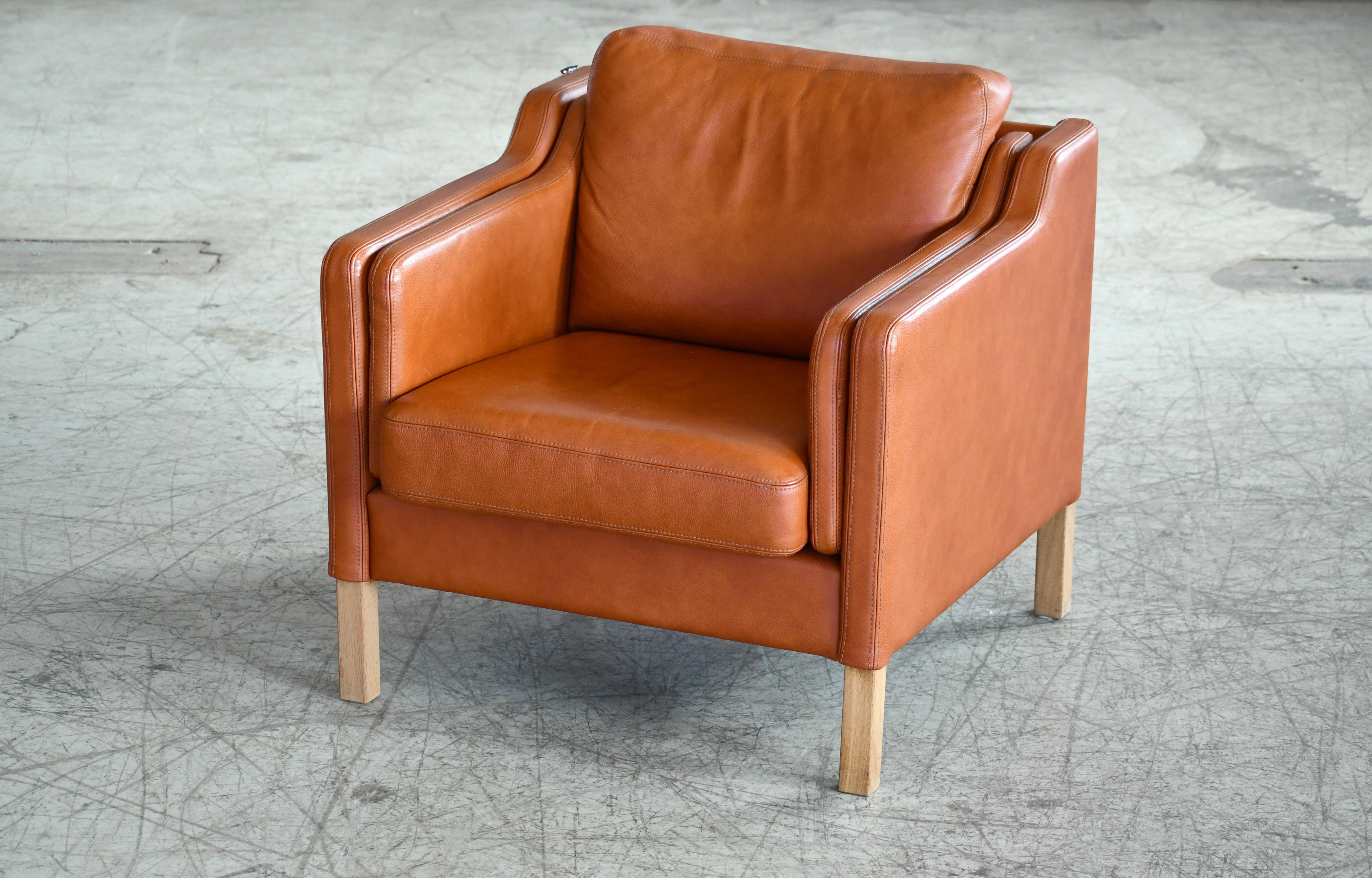 Mid-20th Century Danish Borge Mogensen Style Model 2421 Cognac Leather Easy Chair and Ottoman