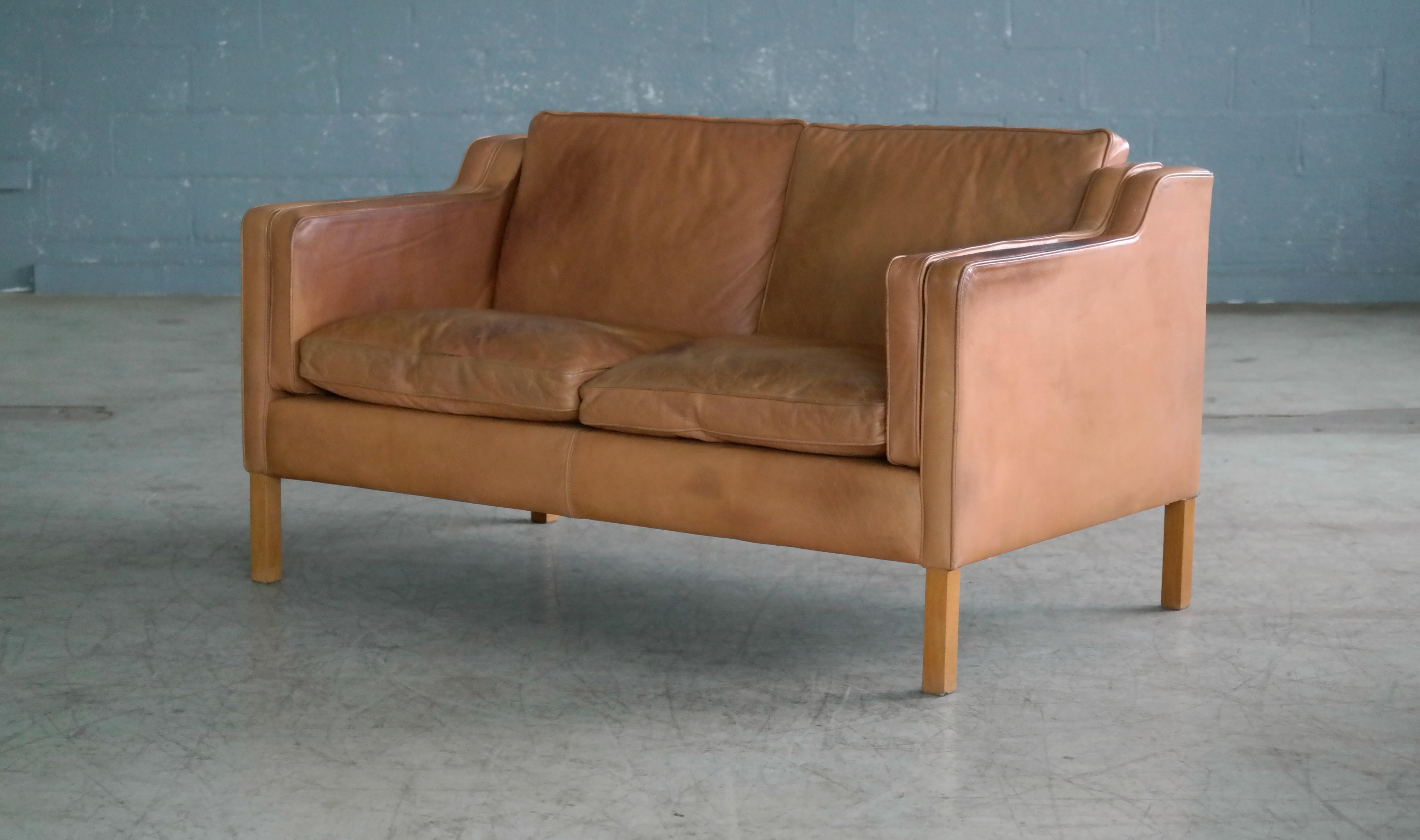 Danish Borge Mogensen Style Two-Seat Tan Leather Sofa with Patina by Stouby 2