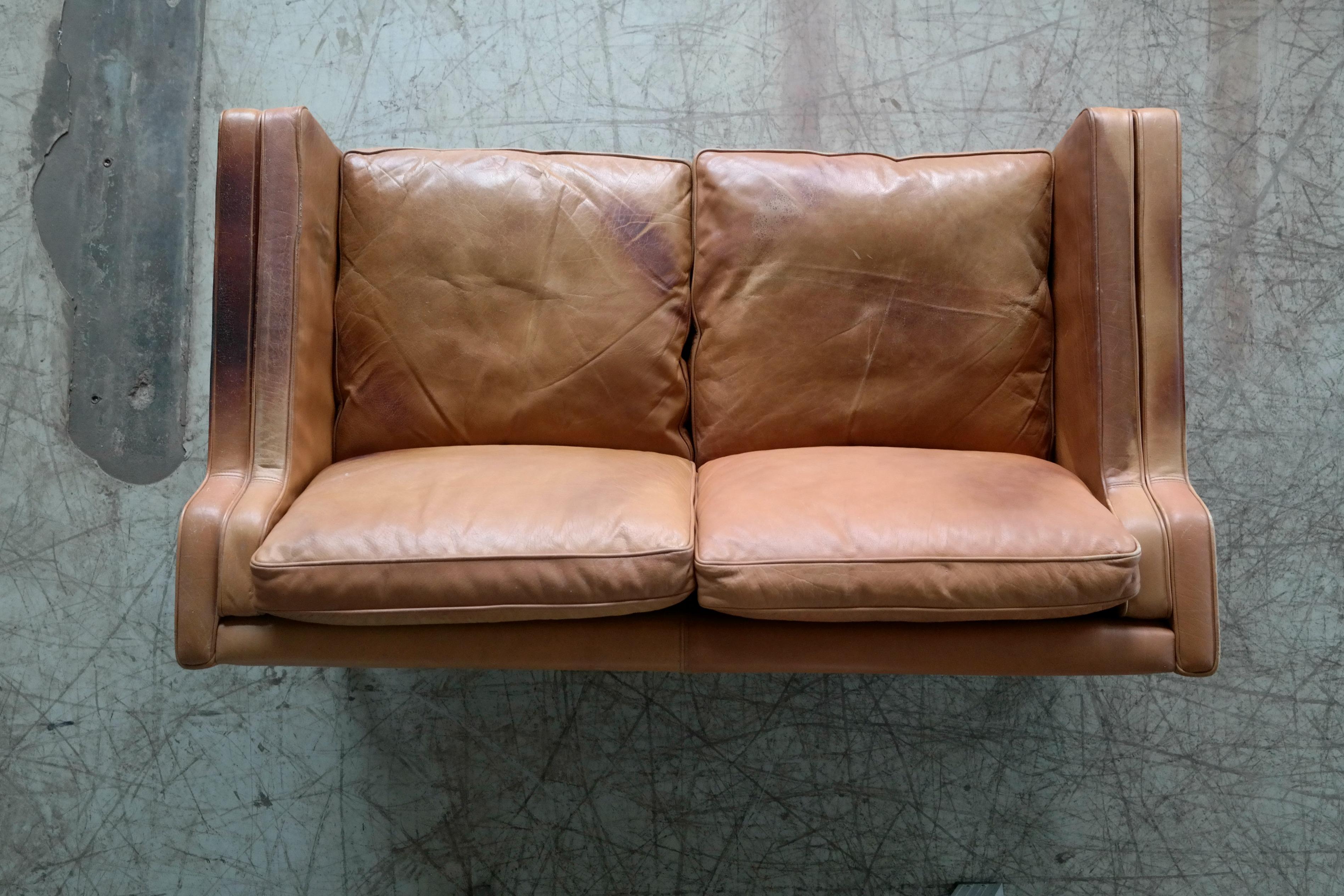 Danish Borge Mogensen Style Two-Seat Tan Leather Sofa with Patina by Stouby 3