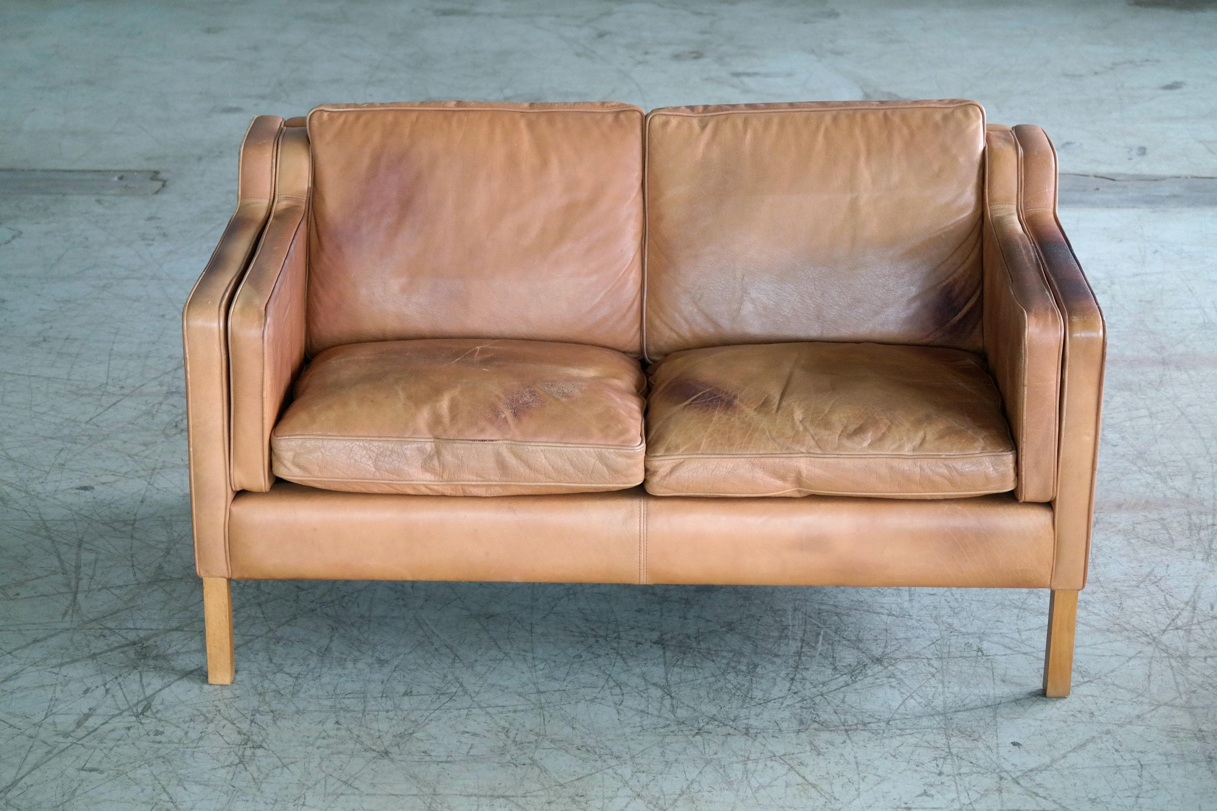 Mid-Century Modern Danish Borge Mogensen Style Two-Seat Tan Leather Sofa with Patina by Stouby