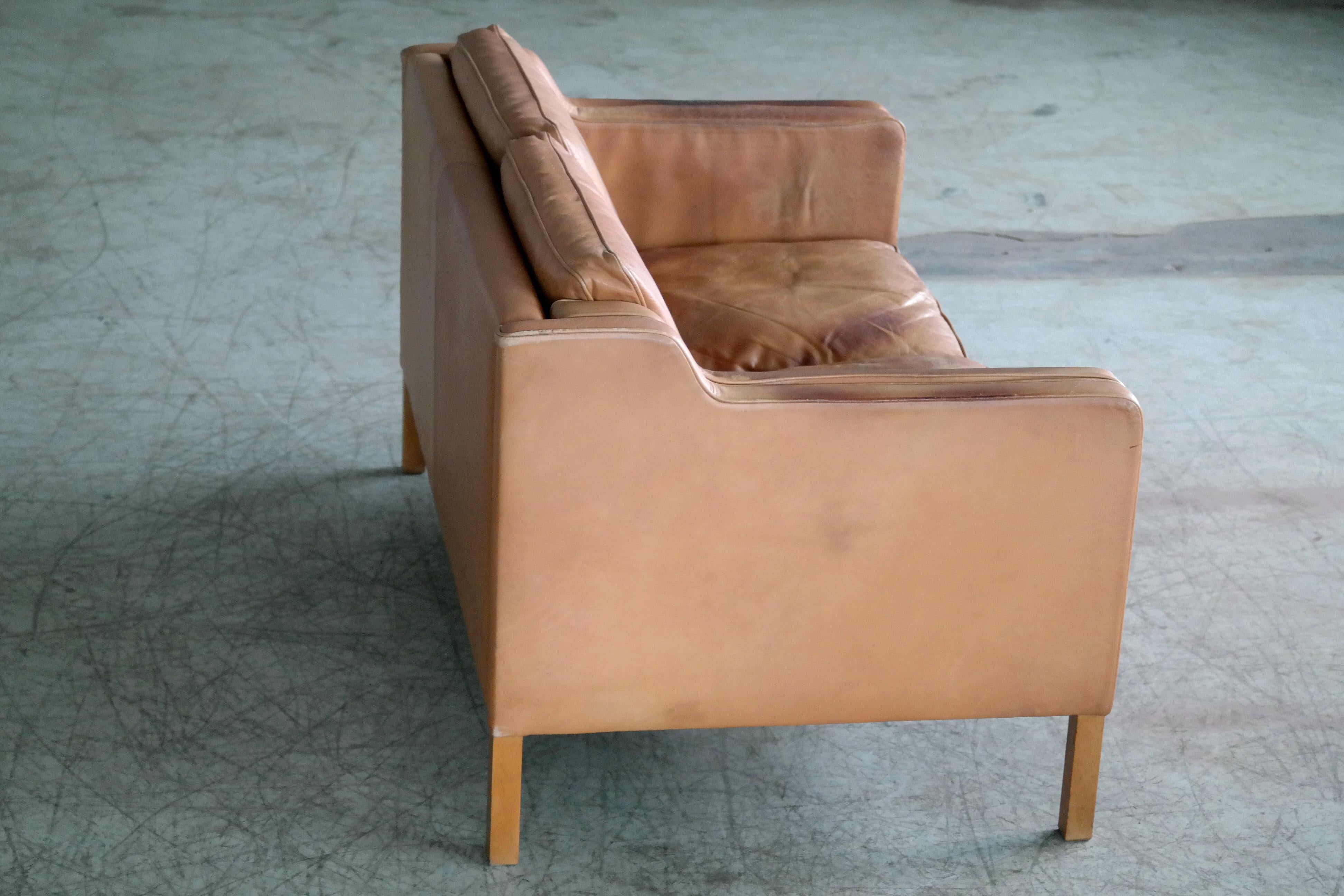 Danish Borge Mogensen Style Two-Seat Tan Leather Sofa with Patina by Stouby In Good Condition In Bridgeport, CT