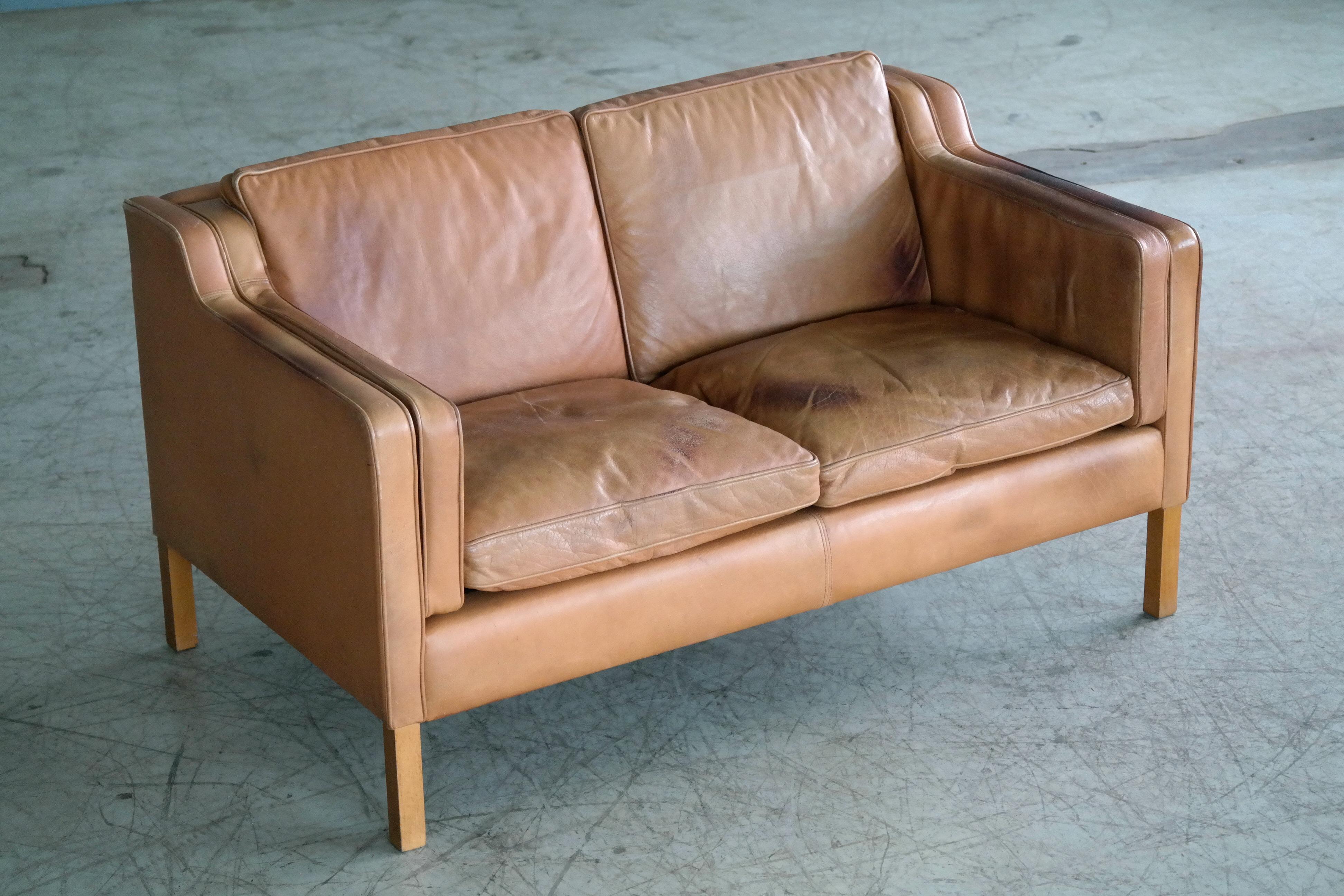 Mid-20th Century Danish Borge Mogensen Style Two-Seat Tan Leather Sofa with Patina by Stouby