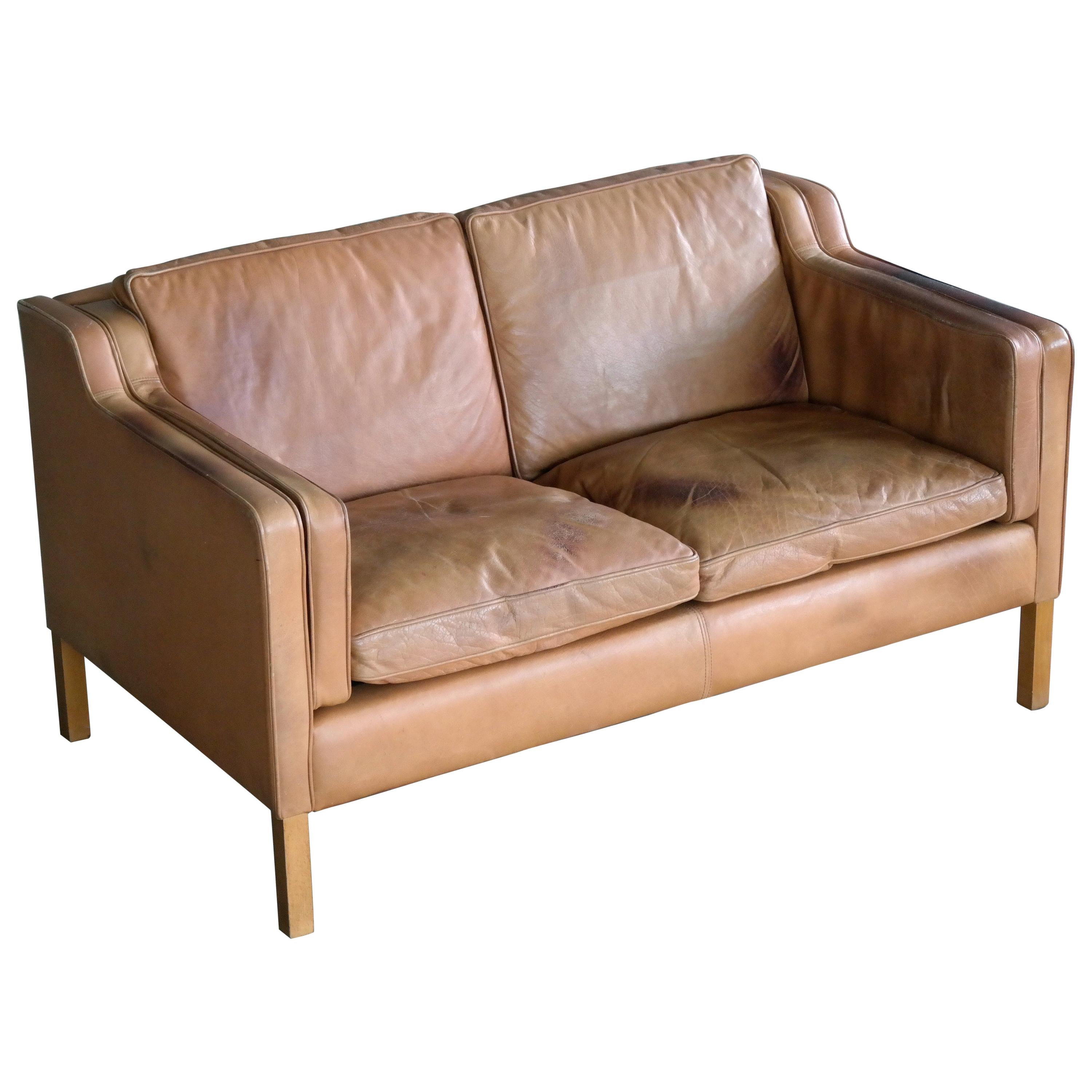 Danish Borge Mogensen Style Two-Seat Tan Leather Sofa with Patina by Stouby