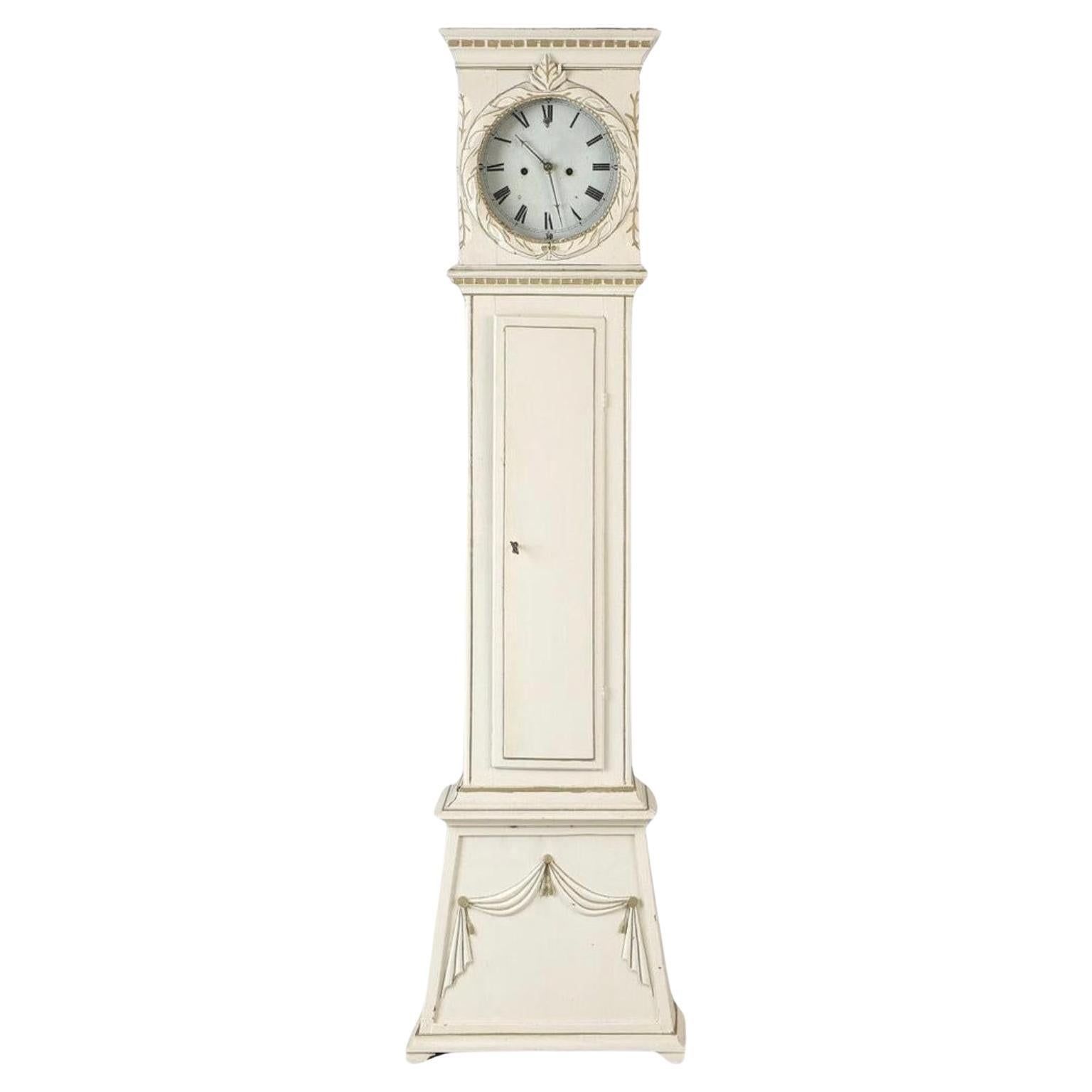Danish Bornholm Mora Clock White Grey Gold 1800s Antique For Sale