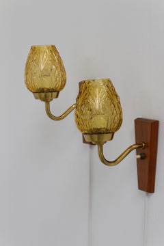 Danish Brass and Amber Glass Wall Sconces by Laoni, 1960s. Set of 2.