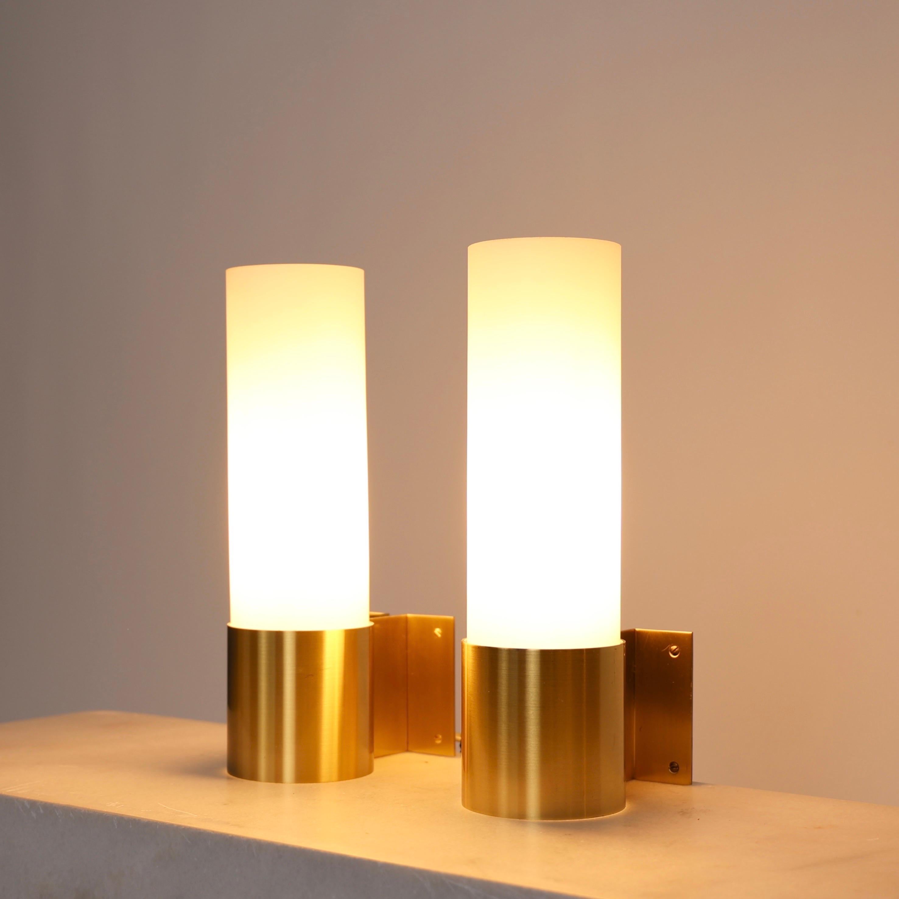 Scandinavian Modern Danish Brass and Opaline Sconces by Jørgen Bo for Fog & Morup, 1960s, Denmark For Sale