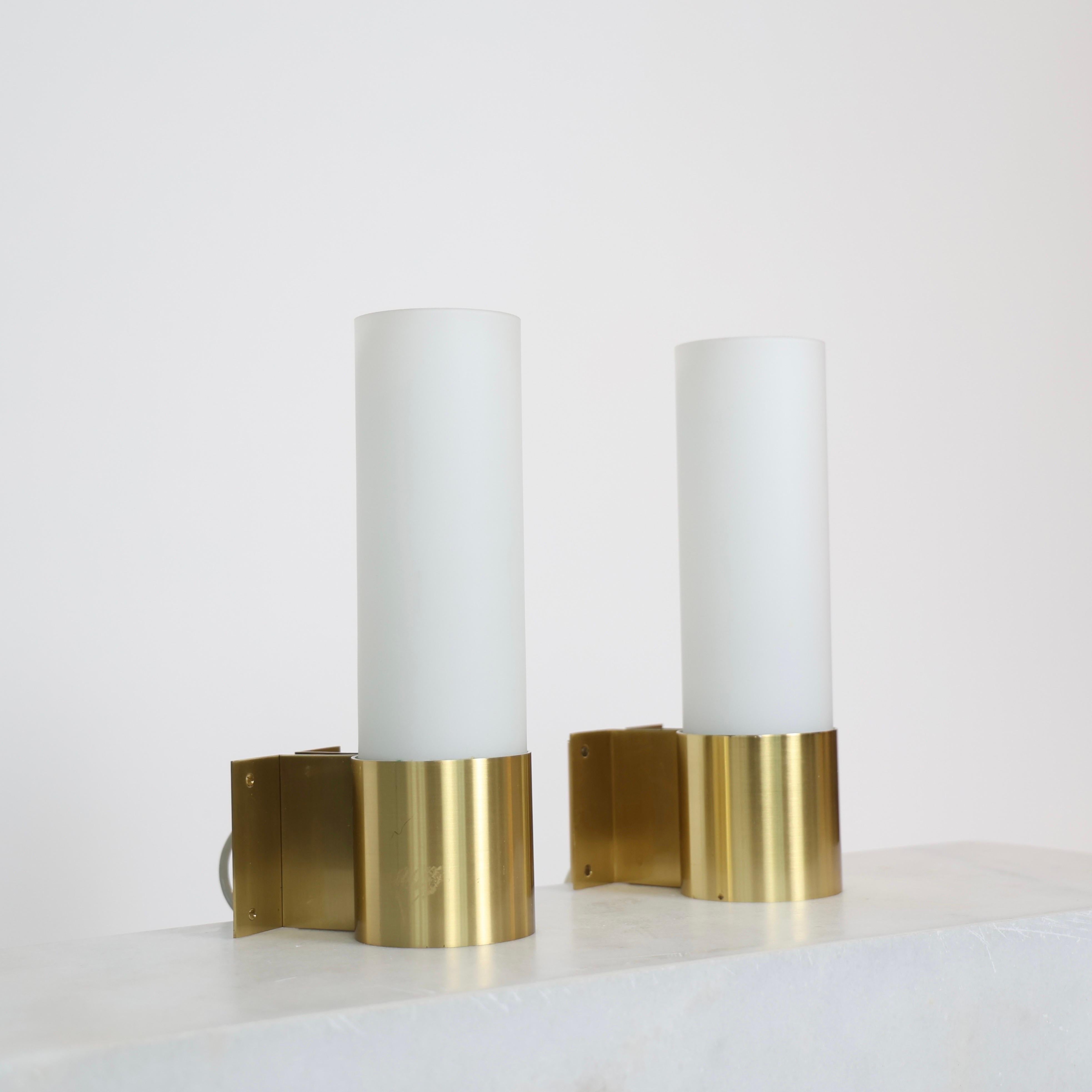Mid-20th Century Danish Brass and Opaline Sconces by Jørgen Bo for Fog & Morup, 1960s, Denmark For Sale