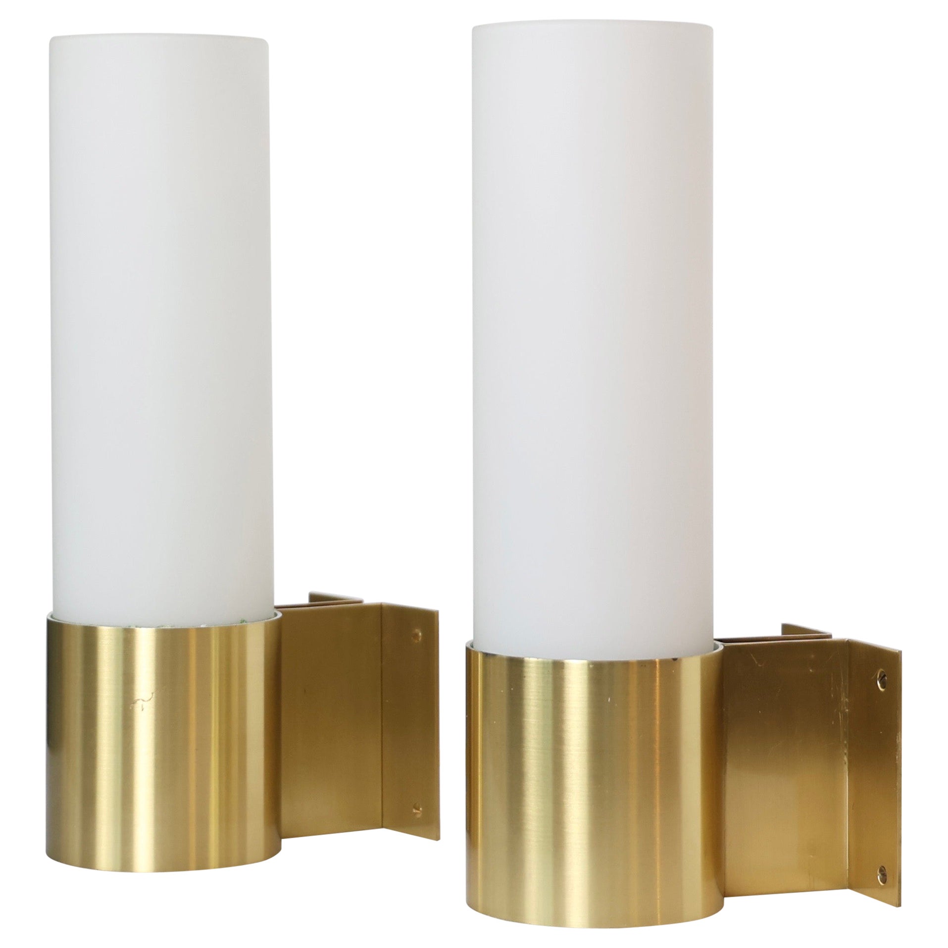 Danish Brass and Opaline Sconces by Jørgen Bo for Fog & Morup, 1960s, Denmark For Sale