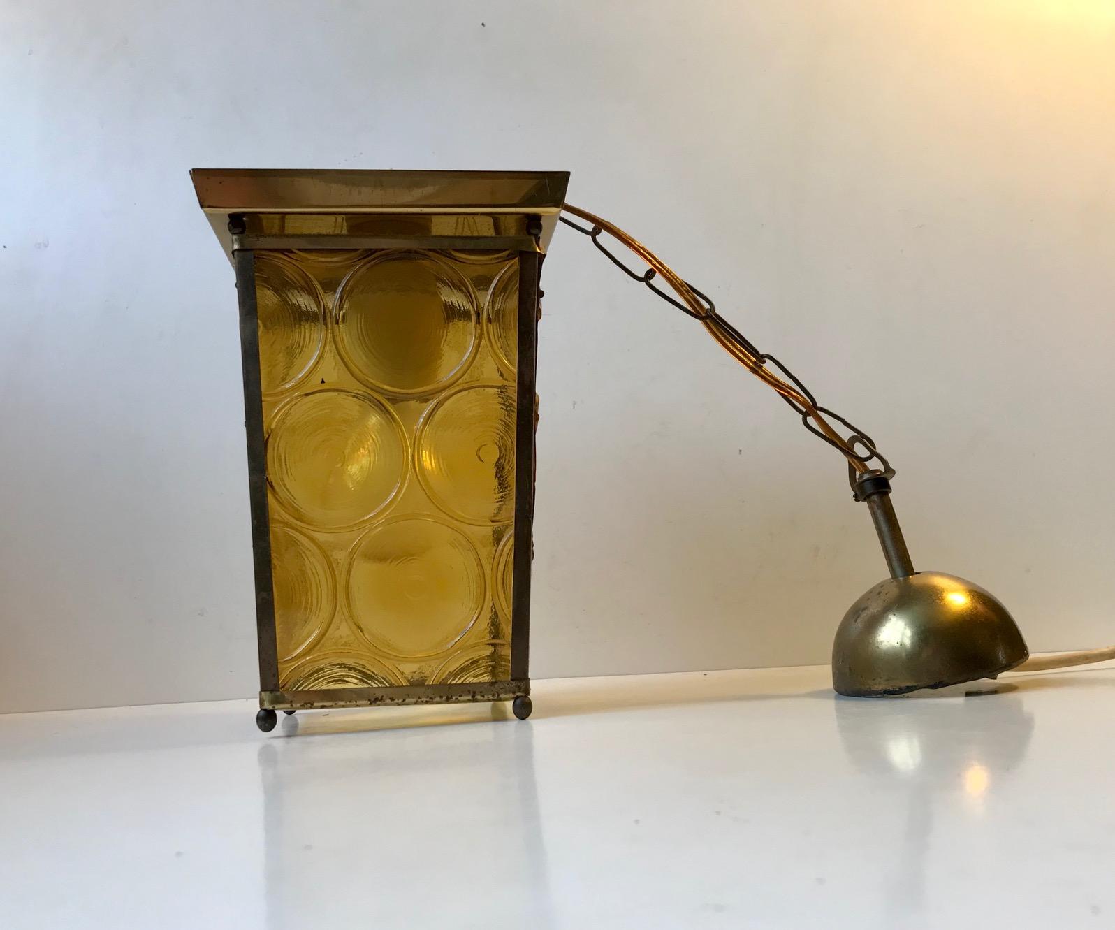 Partially Caged functionalist flush mount or ceiling lamp with yellow glass panels. Manufactured in Denmark during the 1950s, probably by either Voss or Lyfa. This light can be used as a low table lamp as well. It has a bakelit fitting and its