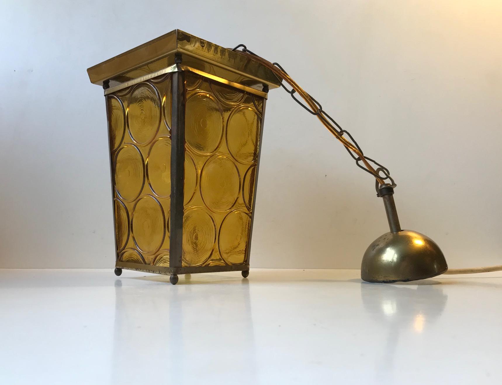 Art Deco Danish Brass and Yellow Glass Funkis Ceiling Light or Flush Mount, 1950s For Sale