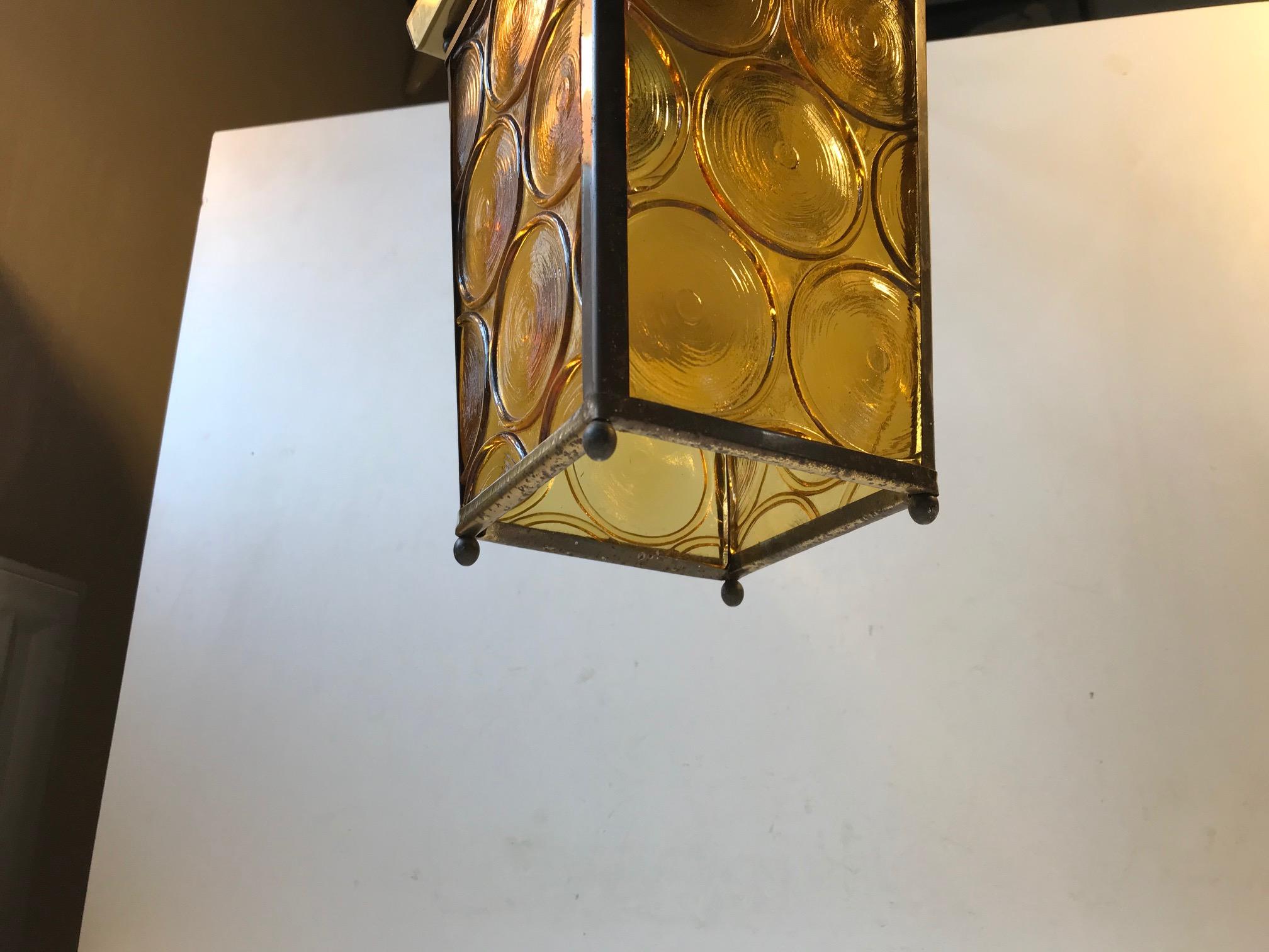 Mid-20th Century Danish Brass and Yellow Glass Funkis Ceiling Light or Flush Mount, 1950s For Sale