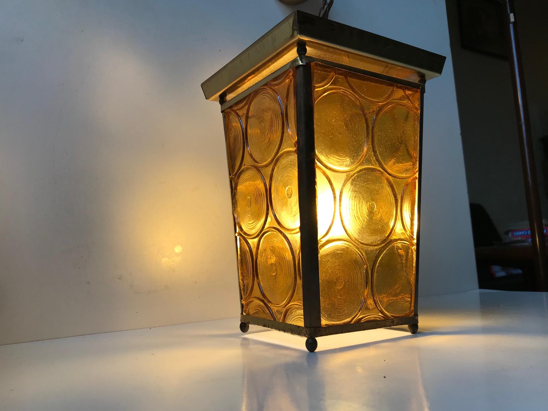 Danish Brass and Yellow Glass Funkis Ceiling Light or Flush Mount, 1950s For Sale 1