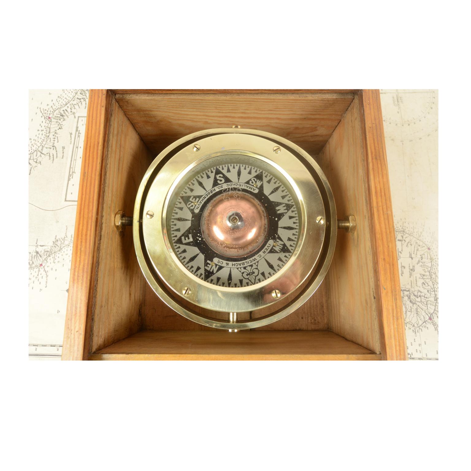 1920s-30 Danish Brass Antique Nautical Magnetic Compass  Original Wooden Box 1