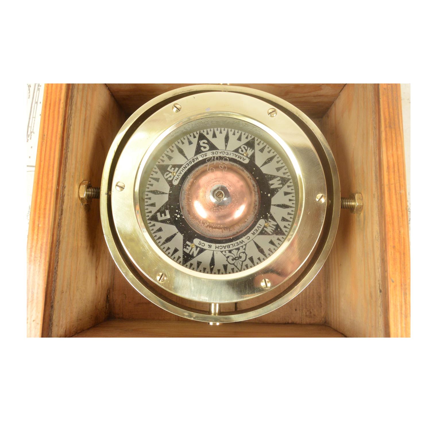 1920s-30 Danish Brass Antique Nautical Magnetic Compass  Original Wooden Box 2