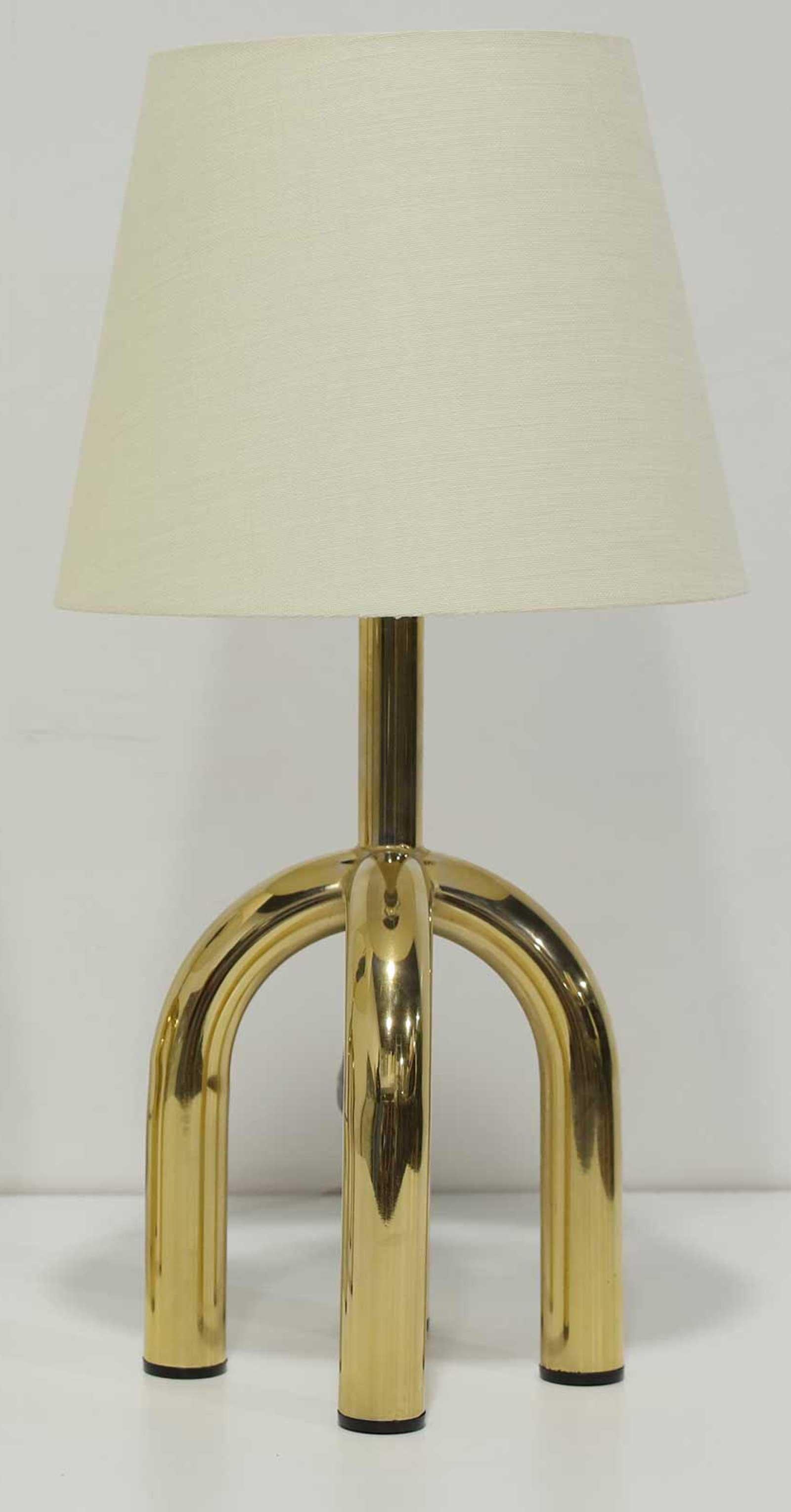A unique Danish brass finish lamp, 1980s. Linen shade.