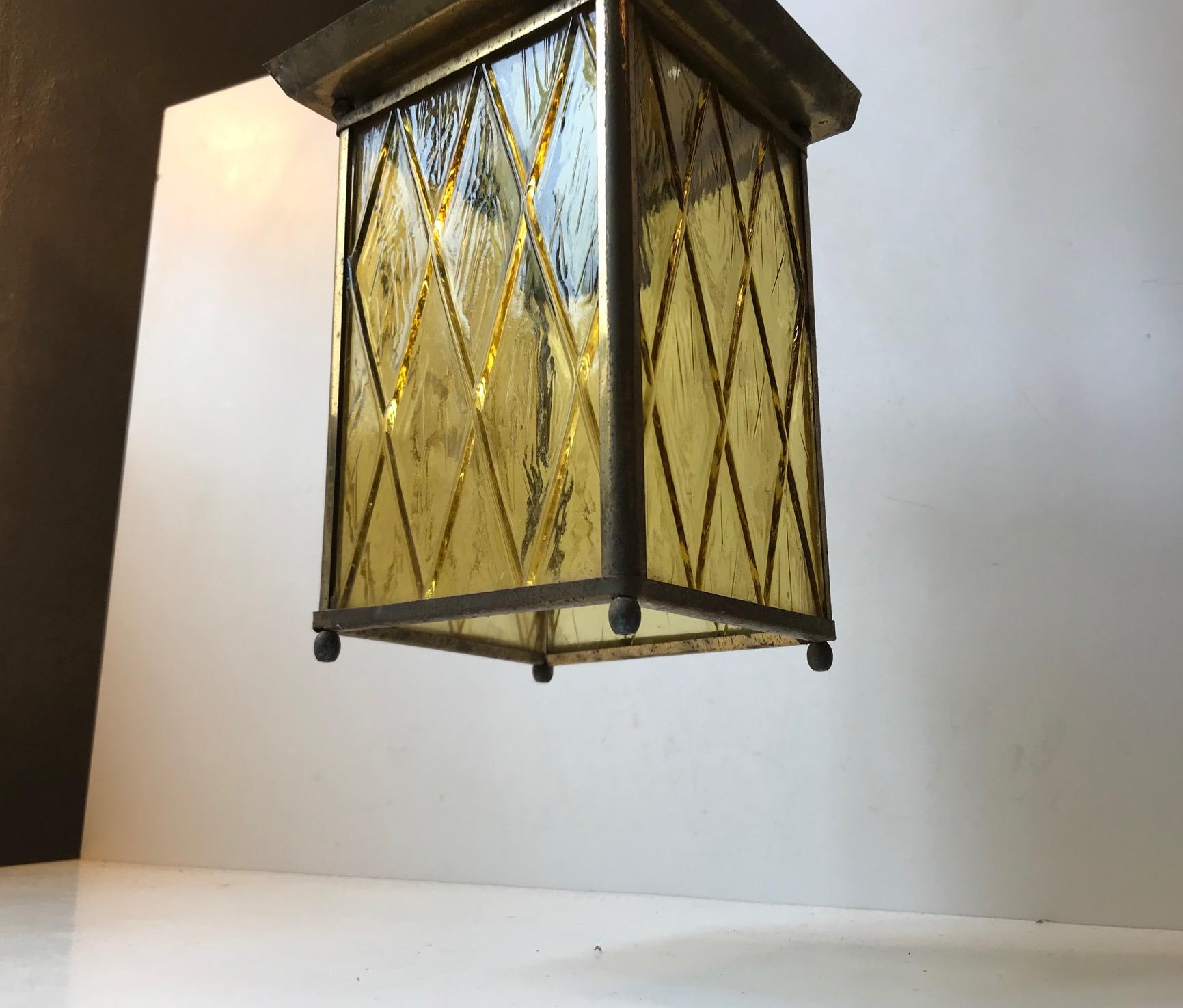 Art Deco Danish Brass and Yellow Glass Funkis Harlequin Patterned Flush Mount, 1940s