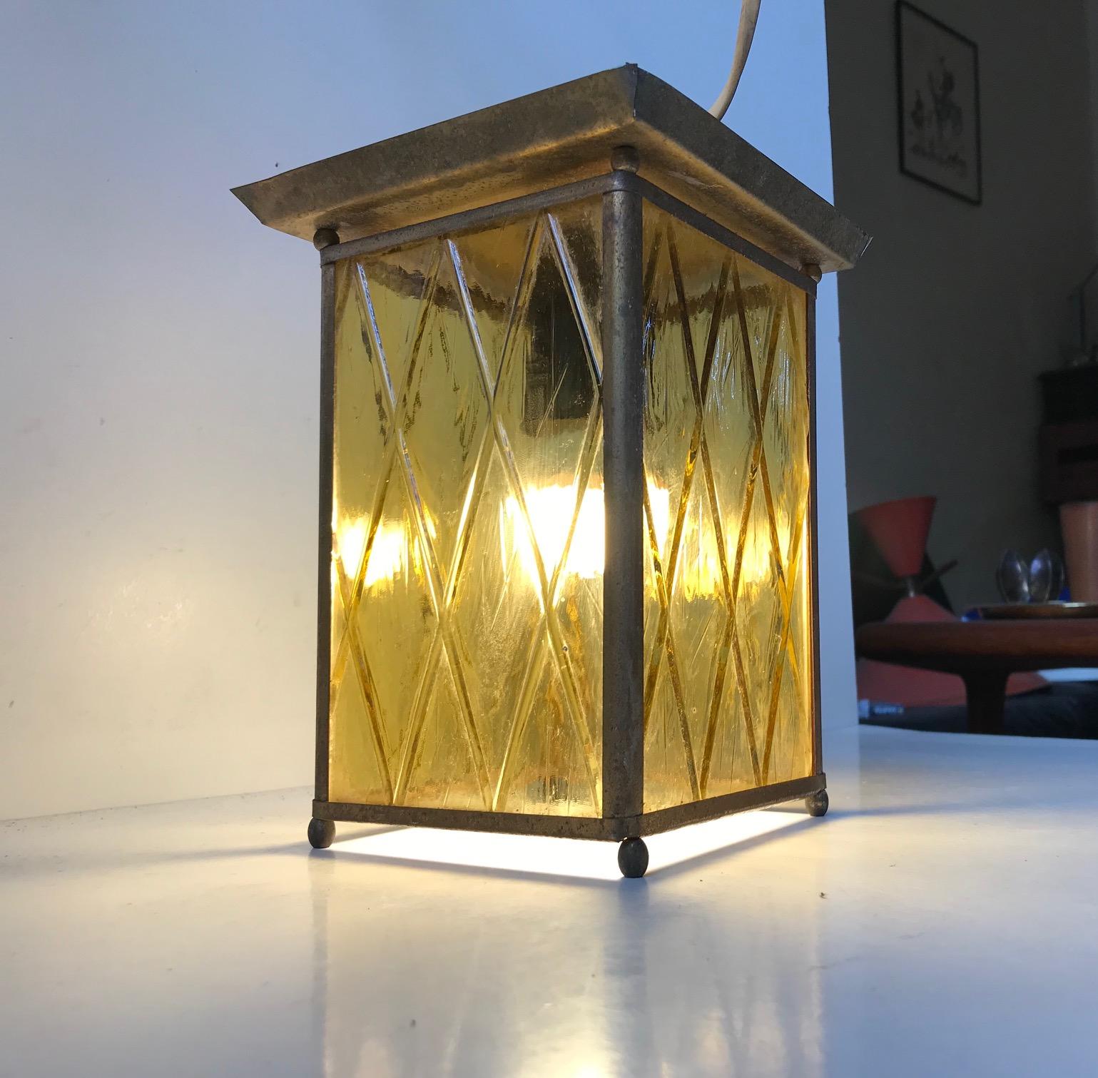 Danish Brass and Yellow Glass Funkis Harlequin Patterned Flush Mount, 1940s In Good Condition In Esbjerg, DK