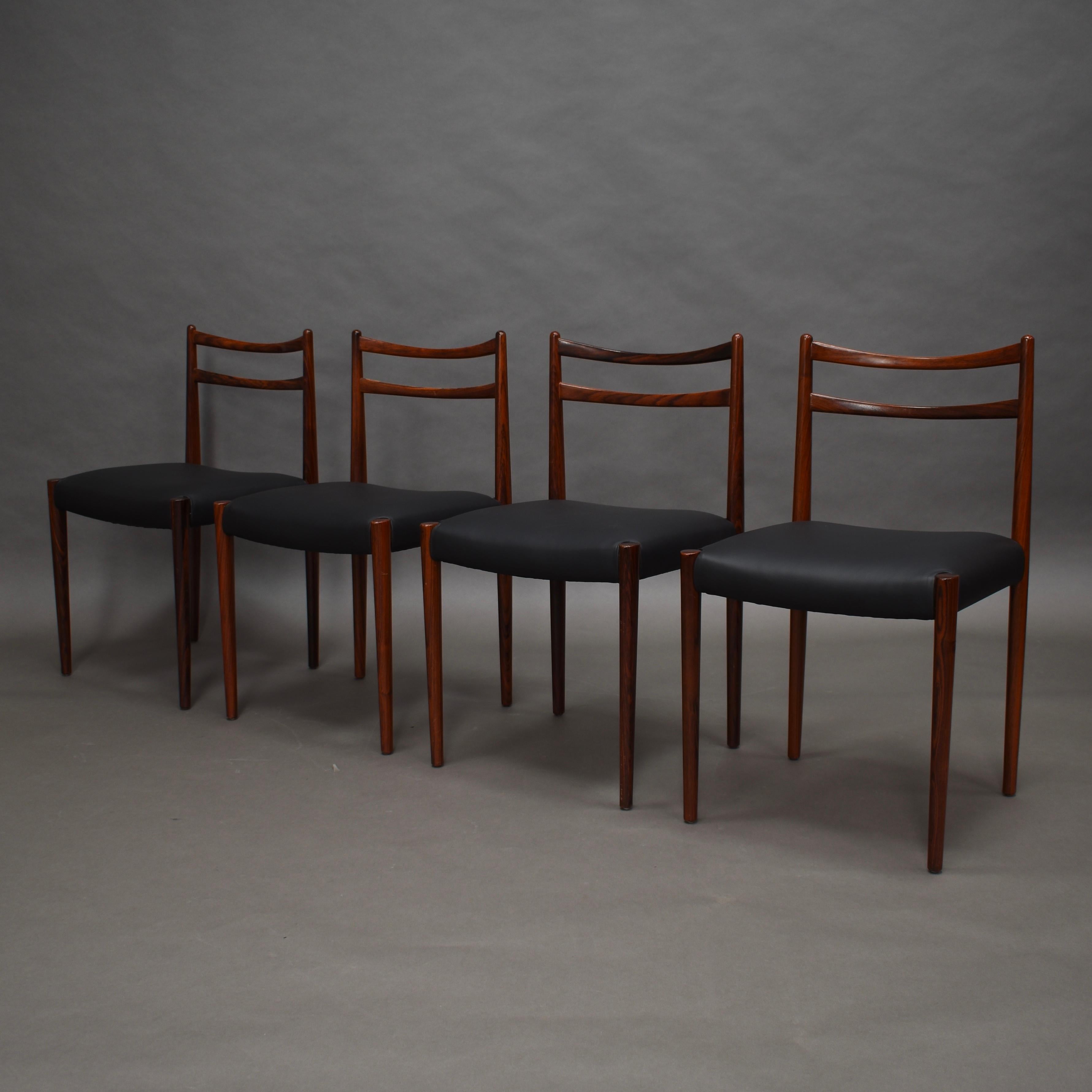 Scandinavian Modern Danish Brazilian Rosewood Dining Chairs in New Black Leather, Denmark, 1950s