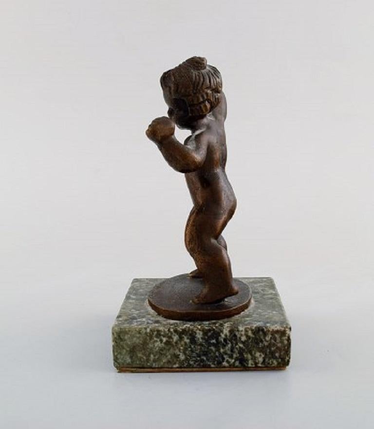 Mid-20th Century Danish Bronze Sculpture on a Marble Base, Little Girl, Dated 1942