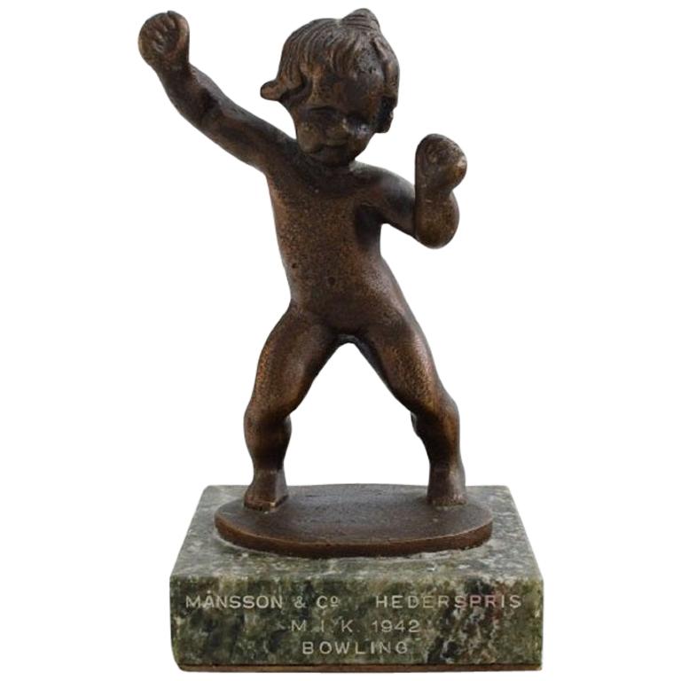 Danish Bronze Sculpture on a Marble Base, Little Girl, Dated 1942