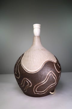 Large Løvemose Organic Modern Stoneware Wavy Relief Table Lamp, 1960s
