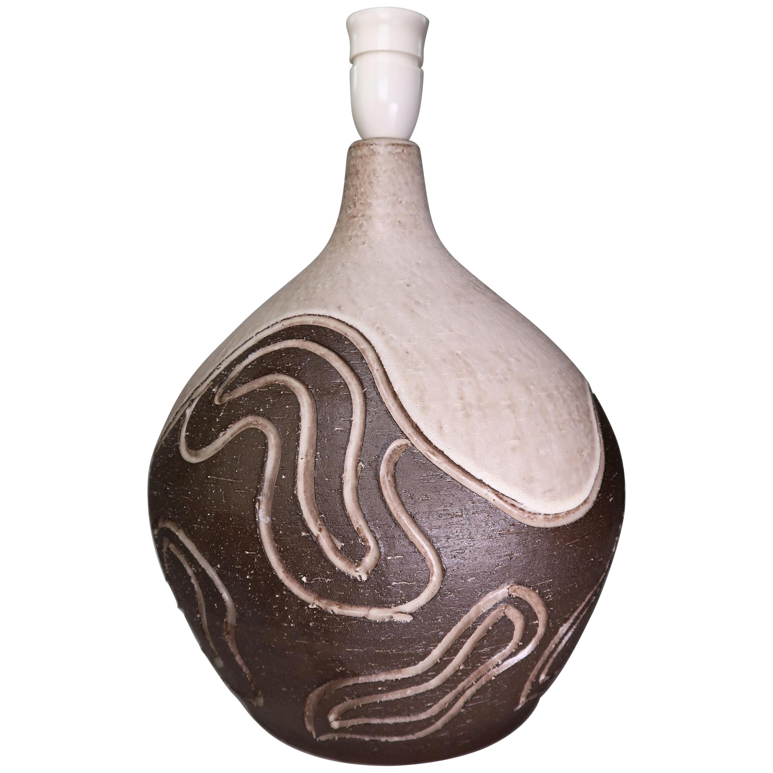 Large Løvemose Organic Modern Stoneware Wavy Relief Table Lamp, 1960s