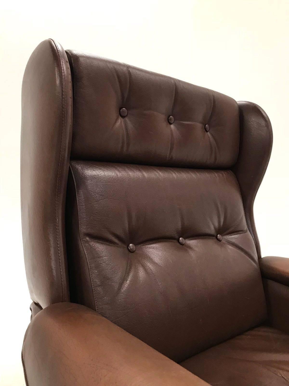 Mid-Century Modern Danish Brown Leather High Back Armchair Midcentury Chair, 1970s For Sale
