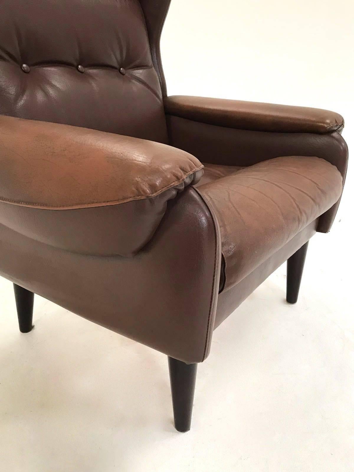 Danish Brown Leather High Back Armchair Midcentury Chair, 1970s In Good Condition For Sale In London, GB