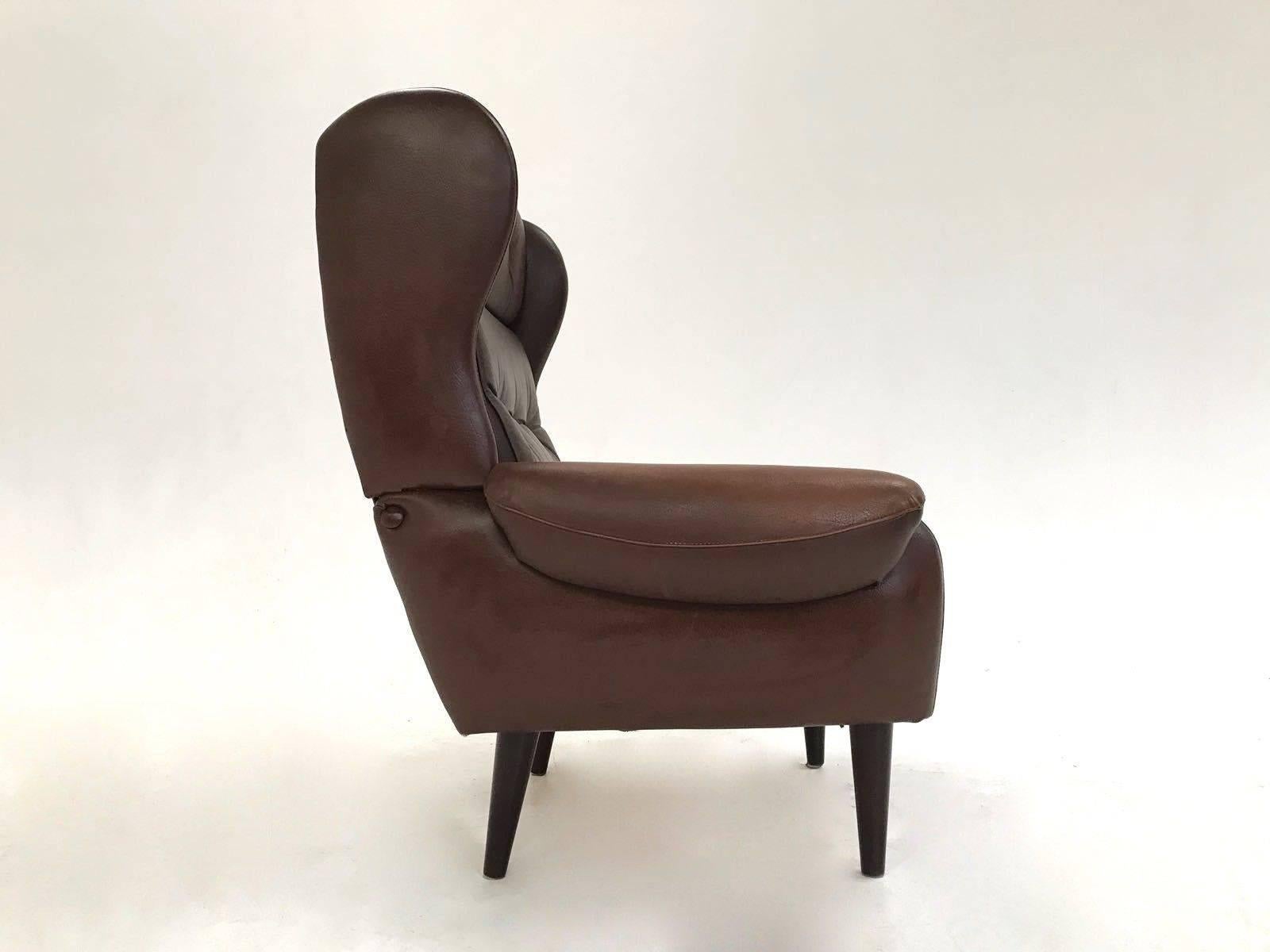 20th Century Danish Brown Leather High Back Armchair Midcentury Chair, 1970s For Sale