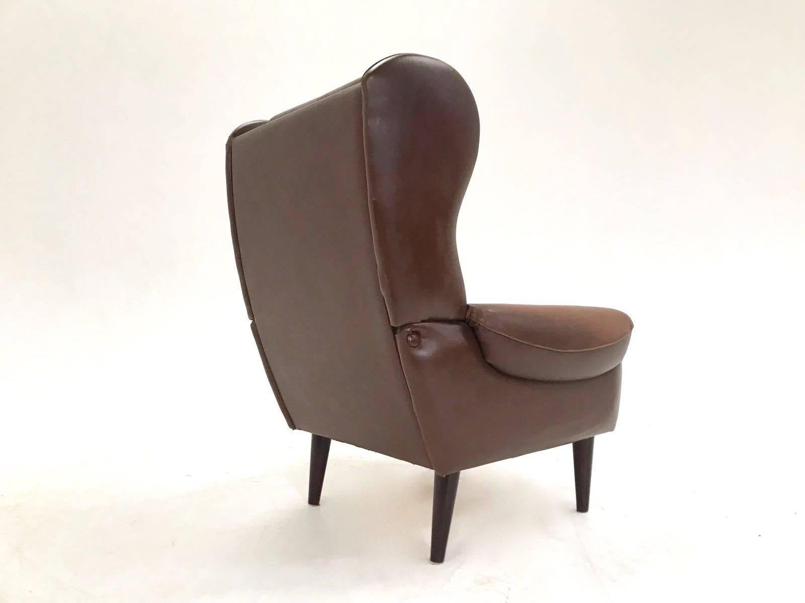 Danish Brown Leather High Back Armchair Midcentury Chair, 1970s For Sale 2