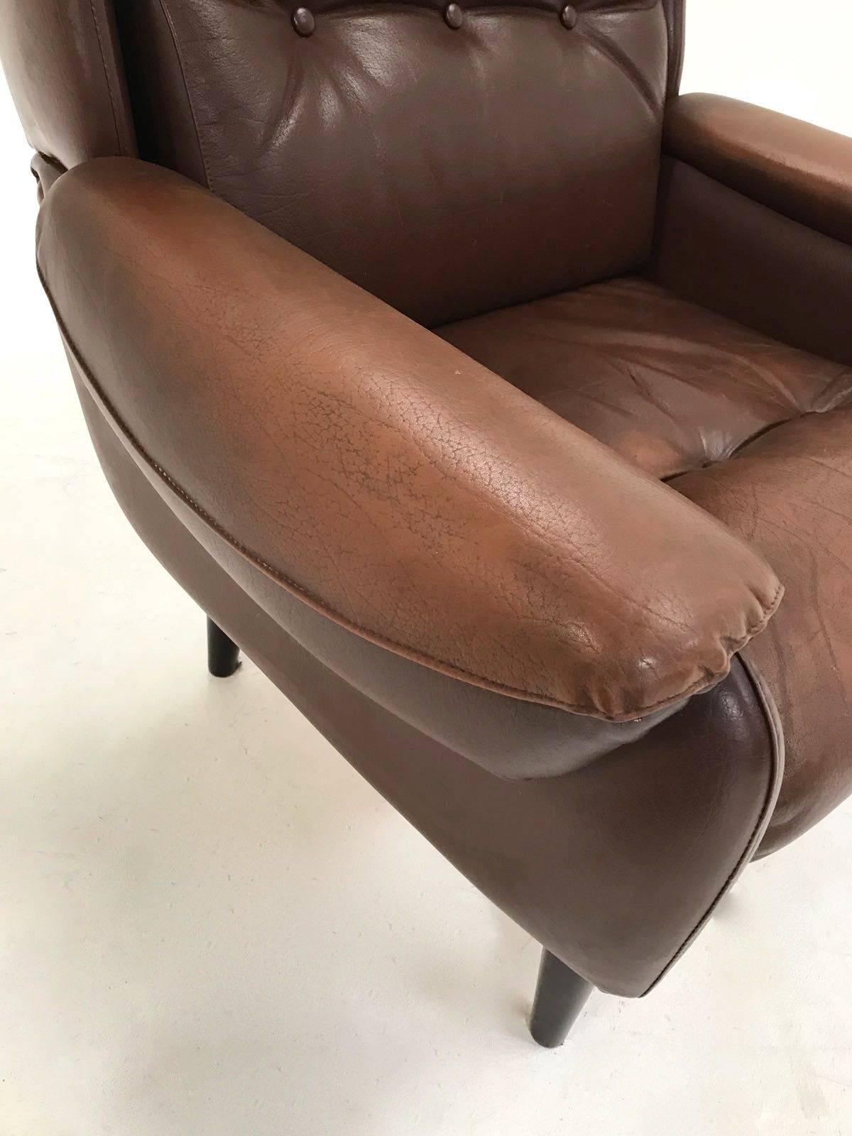 Danish Brown Leather High Back Armchair Midcentury Chair, 1970s For Sale 4