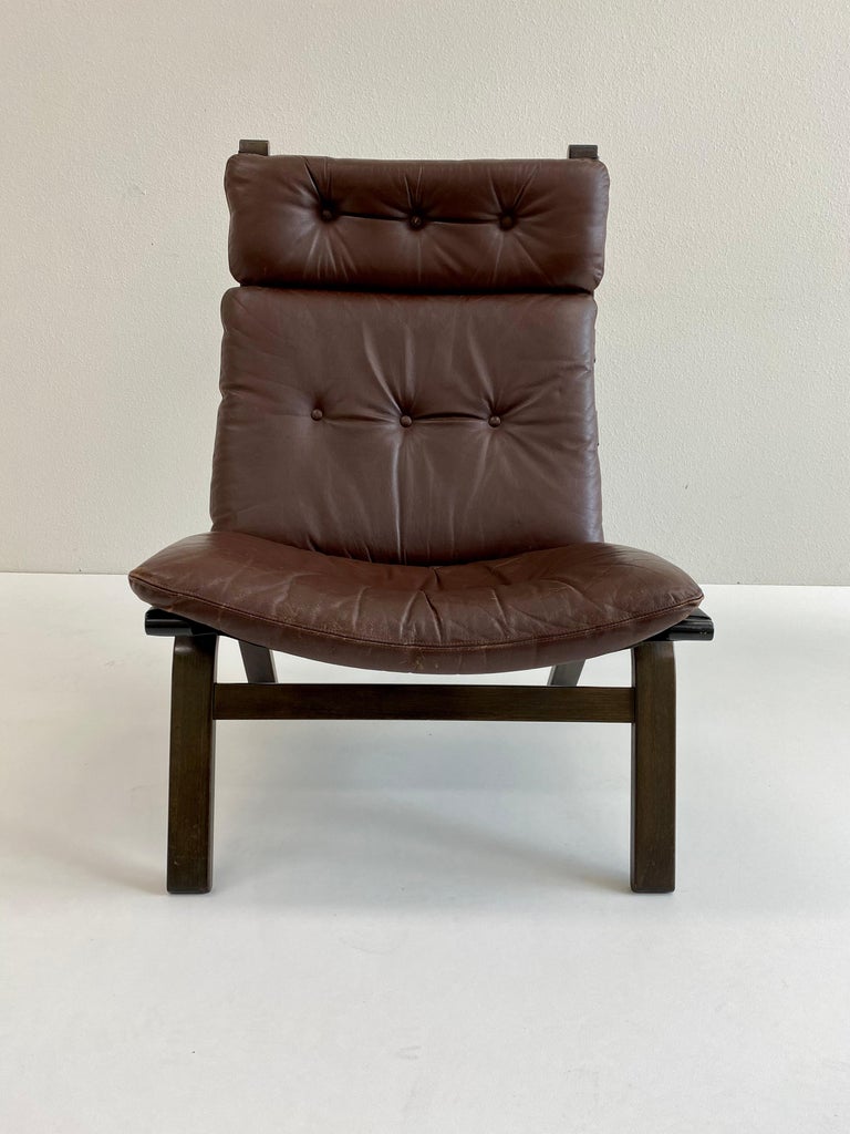 Danish Brown Leather Lounge Chair Farstrup, Denmark 1970 For Sale