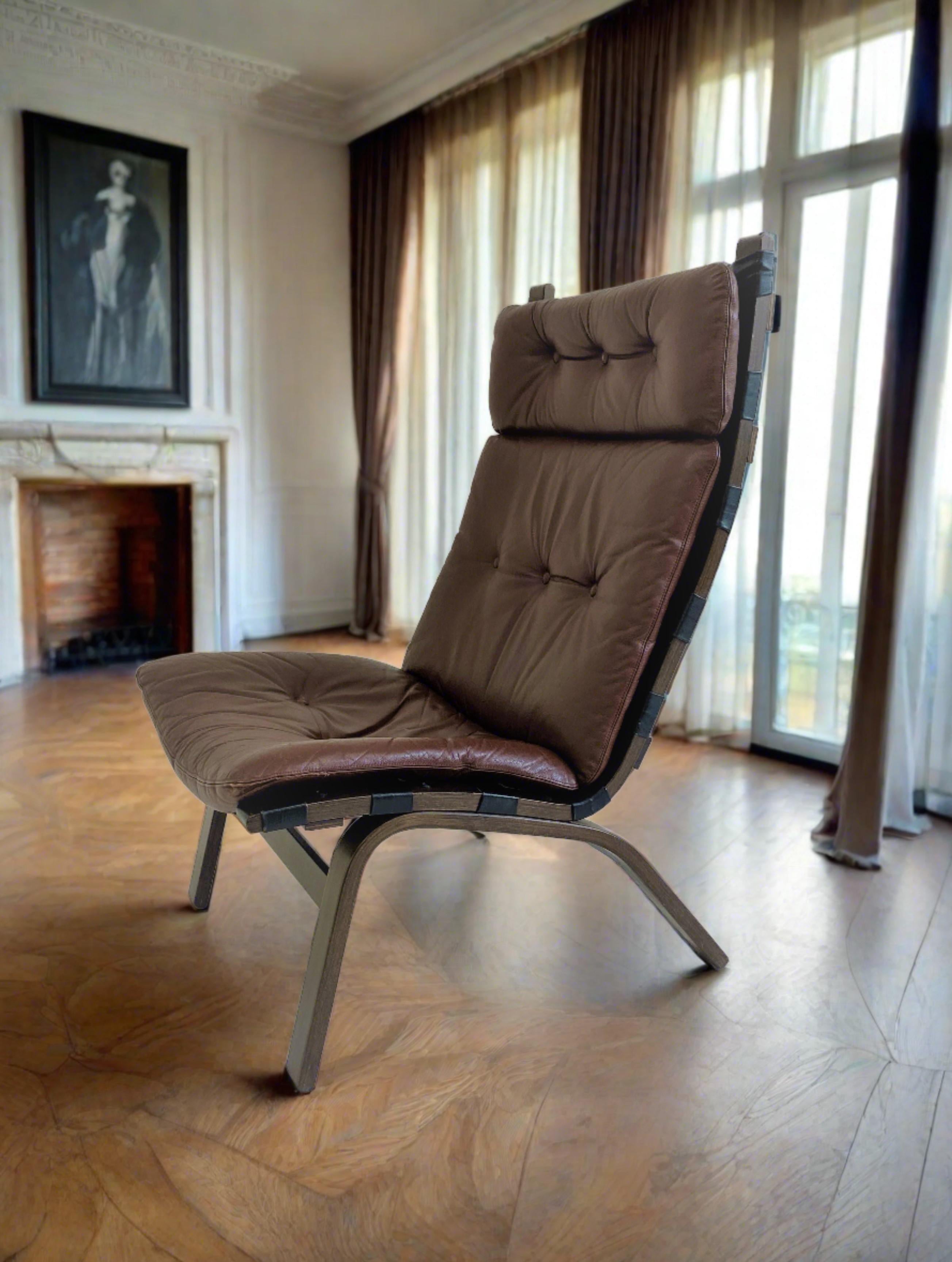 European Danish Brown Leather Lounge Chair Farstrup, Denmark 1970 For Sale