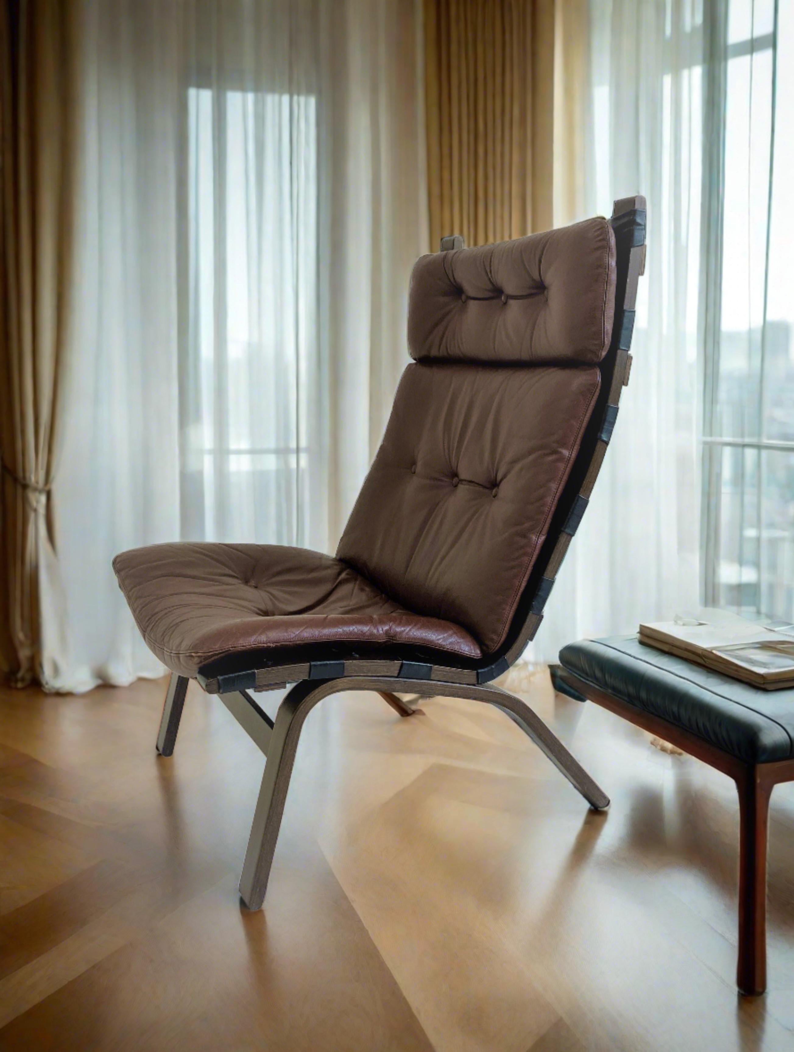 Danish Brown Leather Lounge Chair Farstrup, Denmark 1970 In Good Condition For Sale In DE MEERN, NL