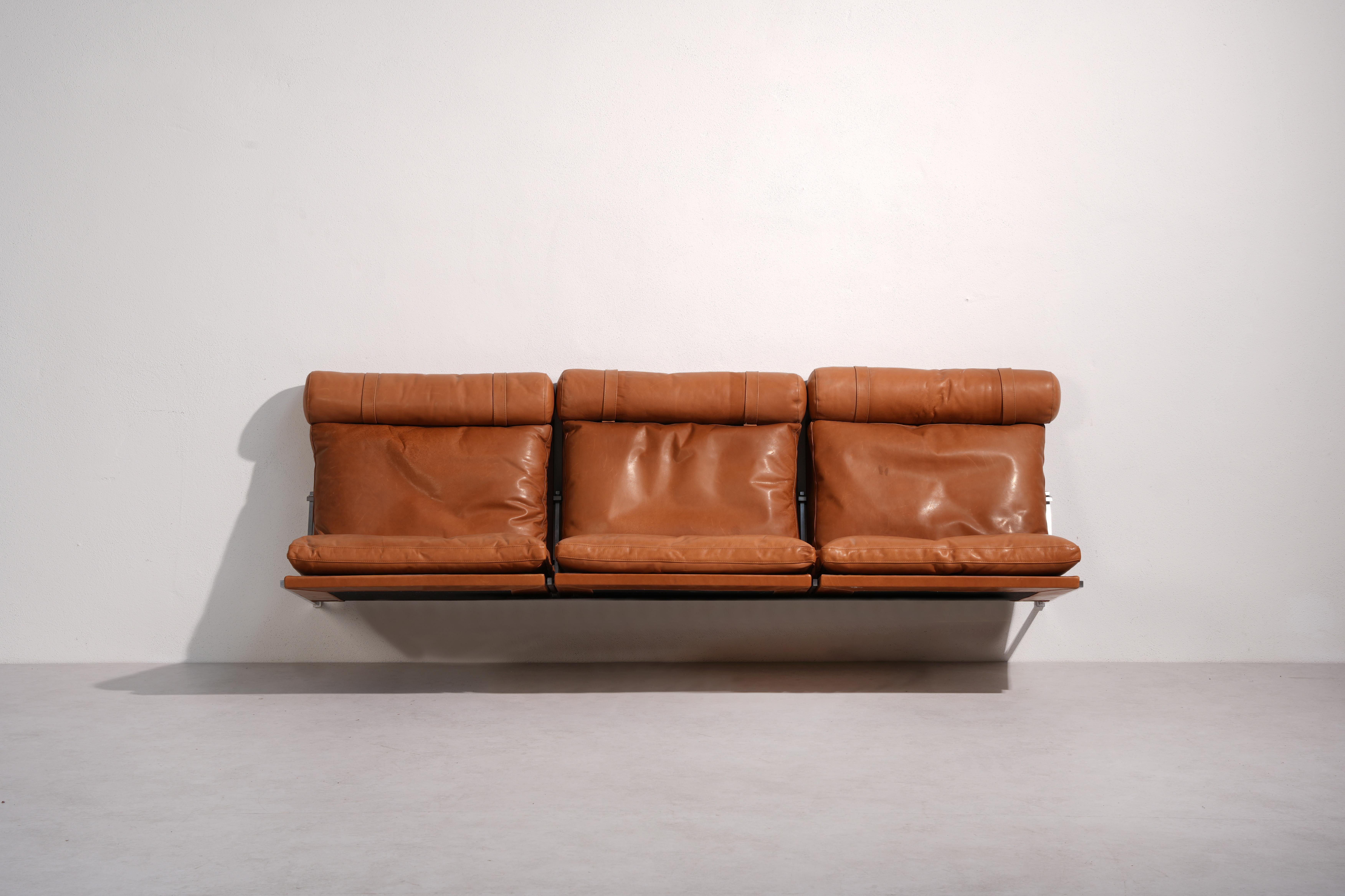 Danish Brown Leather Wall-Mounted Sofa by Fabricius / Kastholm, 1960ies In Excellent Condition For Sale In Berlin, DE