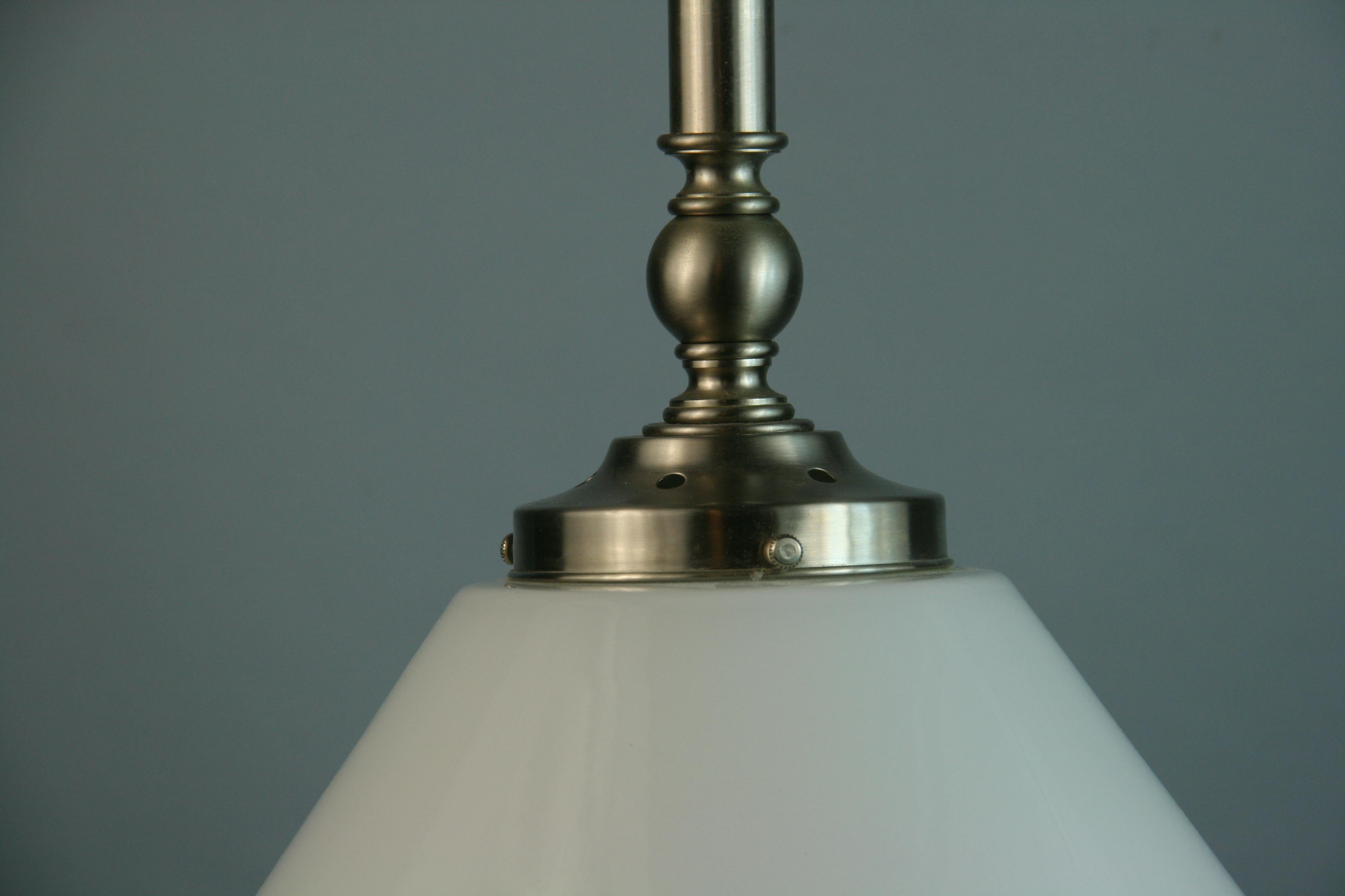 Brass Danish White Glass and Brushed Nickel Pendant Light ( 2 available) For Sale