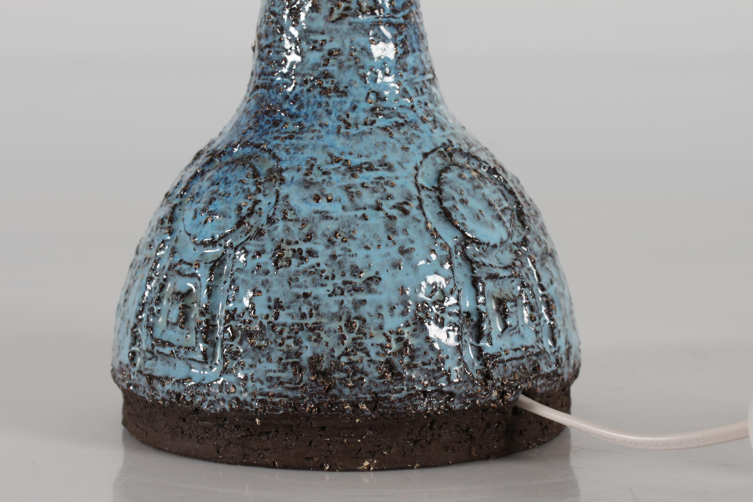 Scandinavian Modern Danish Brutalist Ceramic Table Lamp by Artist Sejer with Blue Glaze Unica 1970s For Sale