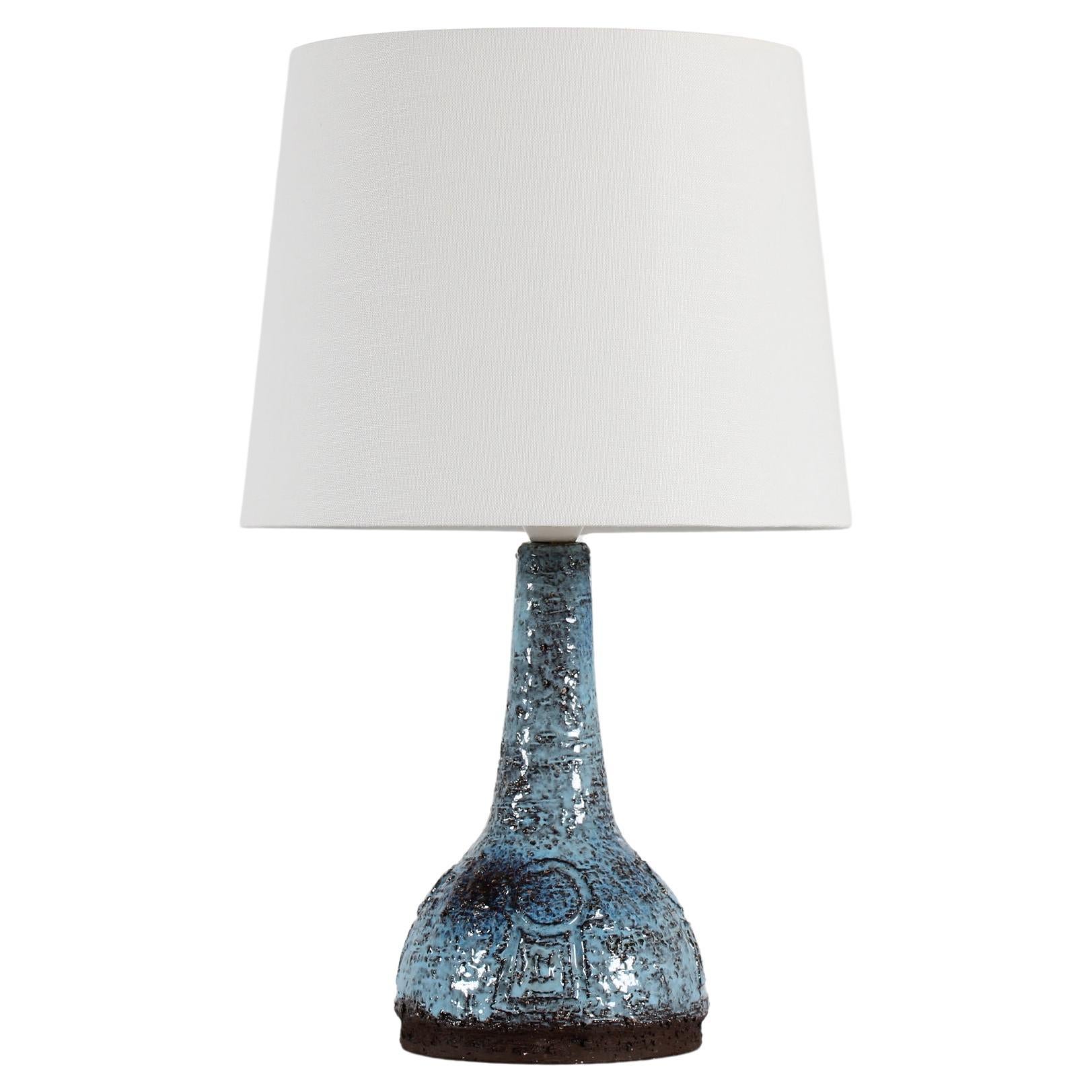 Danish Brutalist Ceramic Table Lamp by Artist Sejer with Blue Glaze Unica 1970s For Sale