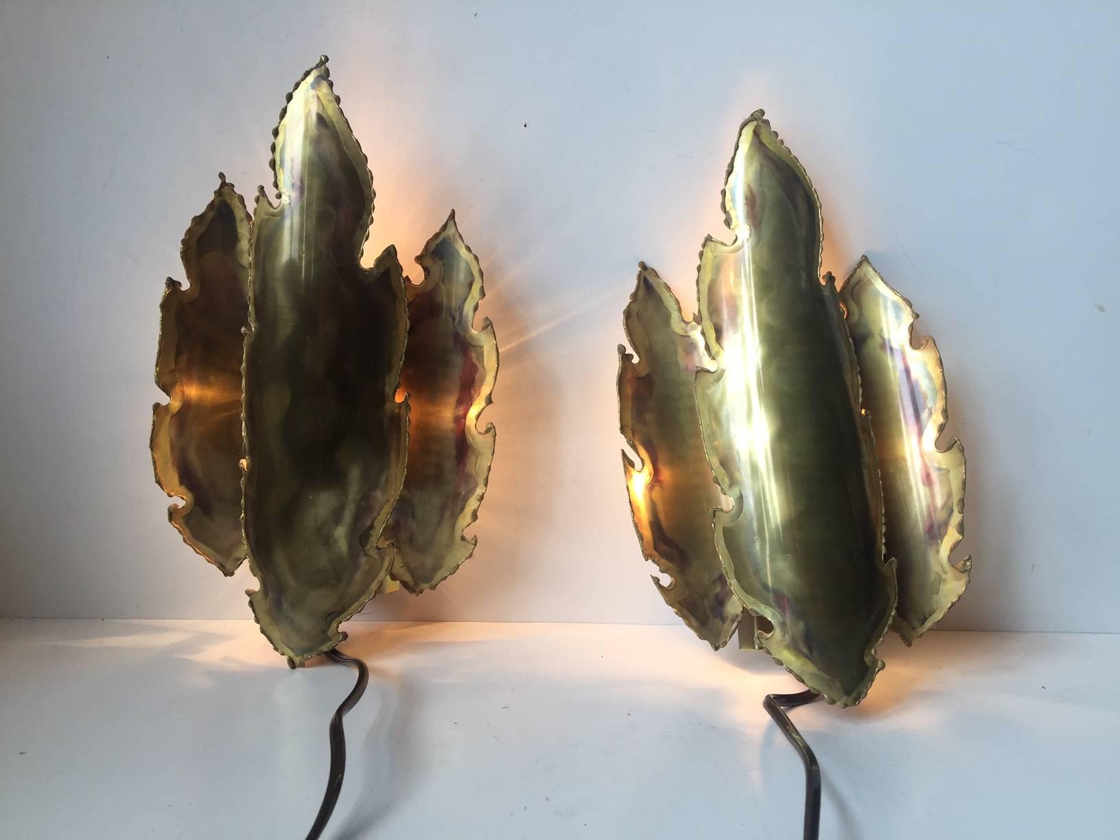 Etched Danish Brutalist 'Flame' Sconces in Brass by Svend Aage Holm-sørensen
