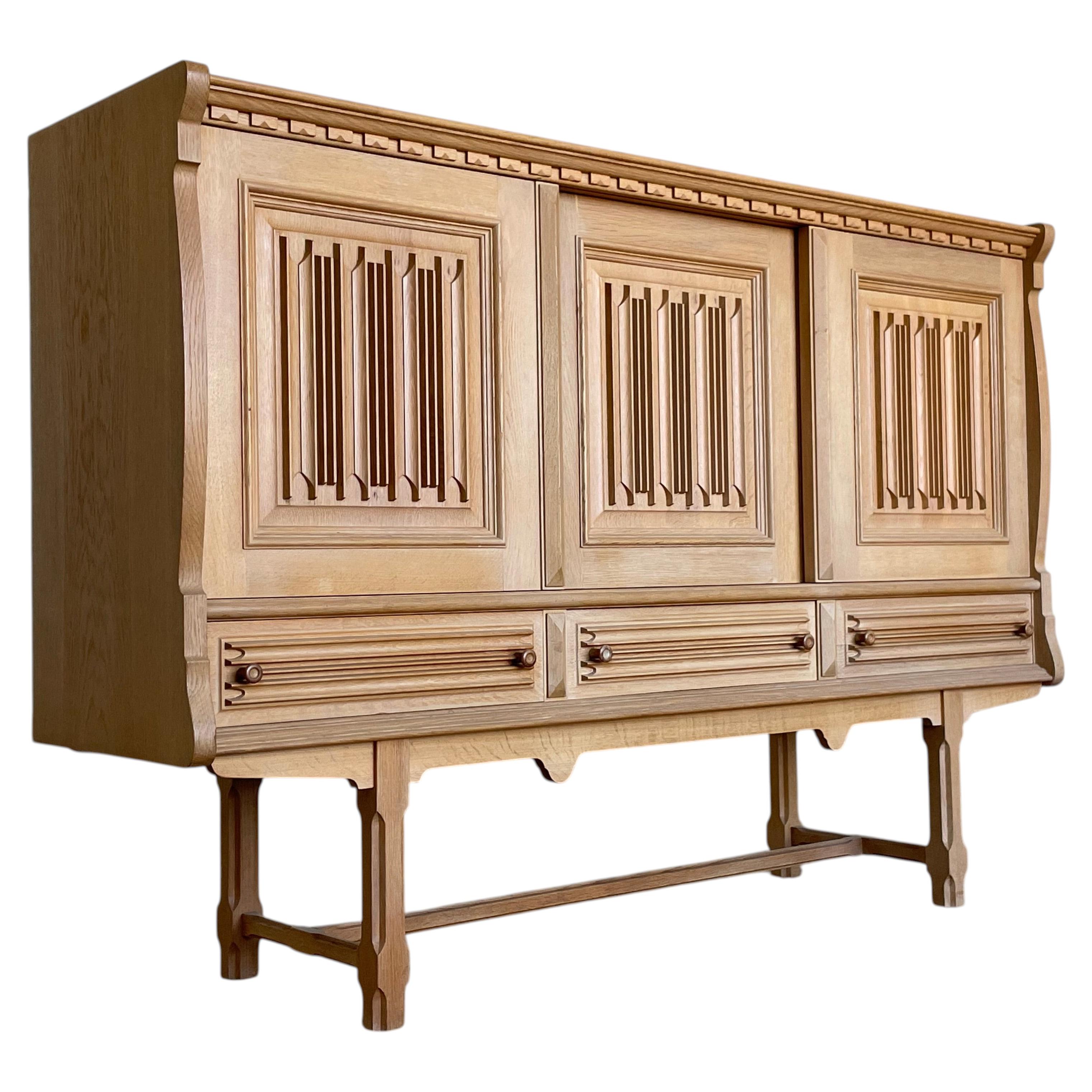 Danish Brutalist Limed Oak Highboard, Vamo Sønderborg, Manner of Kjærnulf, 1960s For Sale