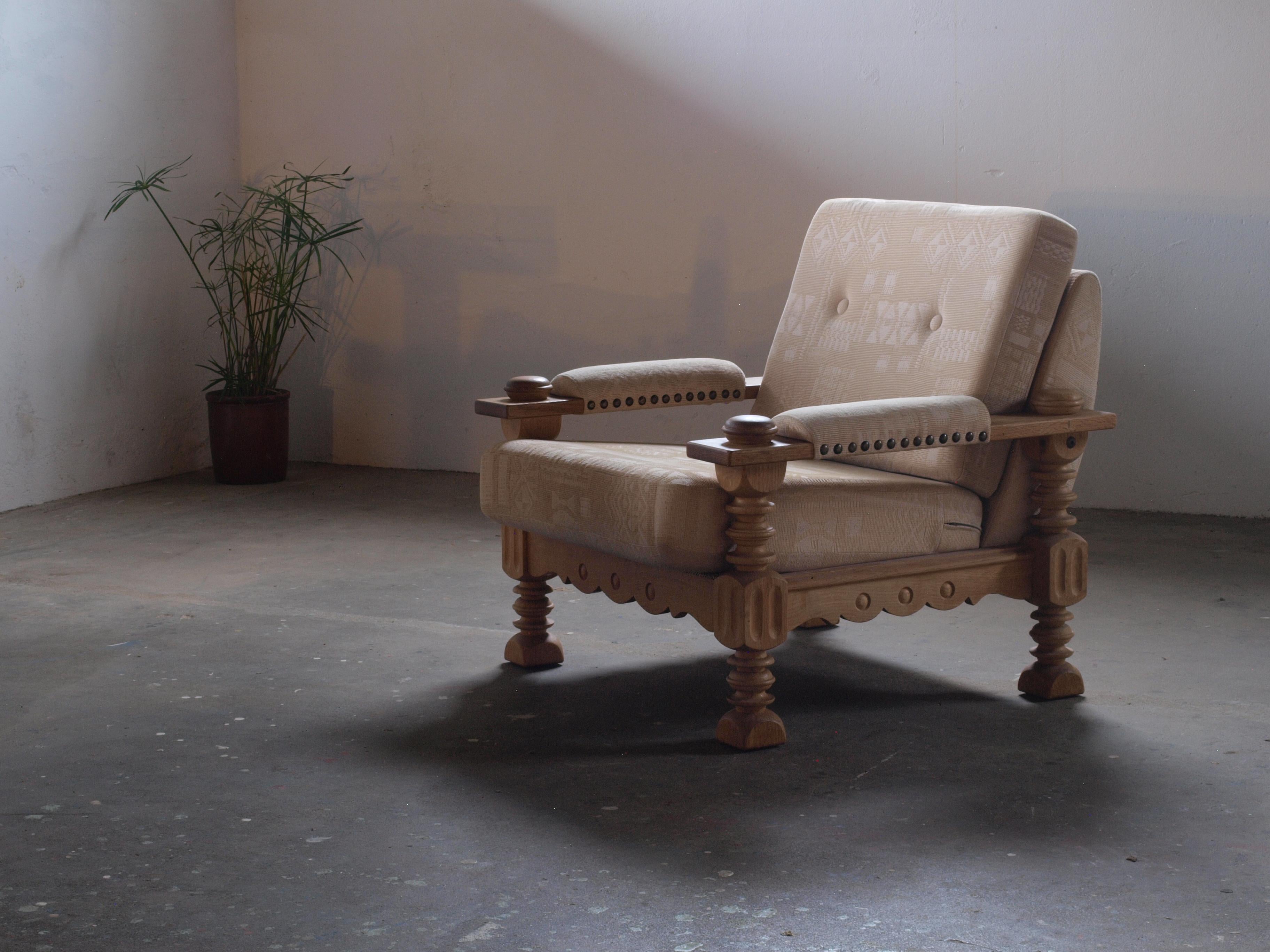 Mid-Century Modern Danish Brutalist Lounge Chair in Oak, Henning Kjærnulf, Denmark 1960s For Sale