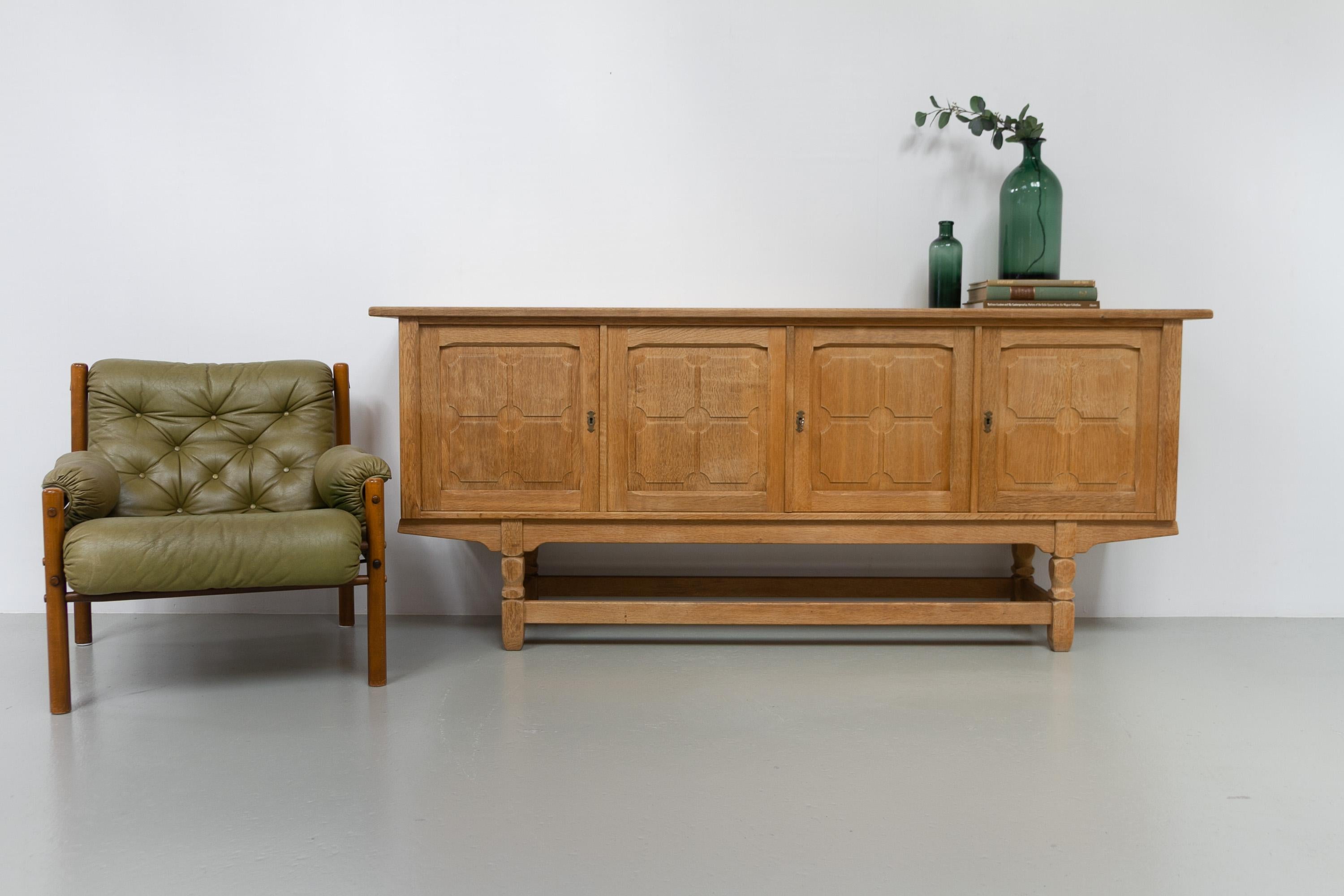Danish Brutalist Low Oak Sideboard attributed to Henning Kjærnulf, 1960s. For Sale 14