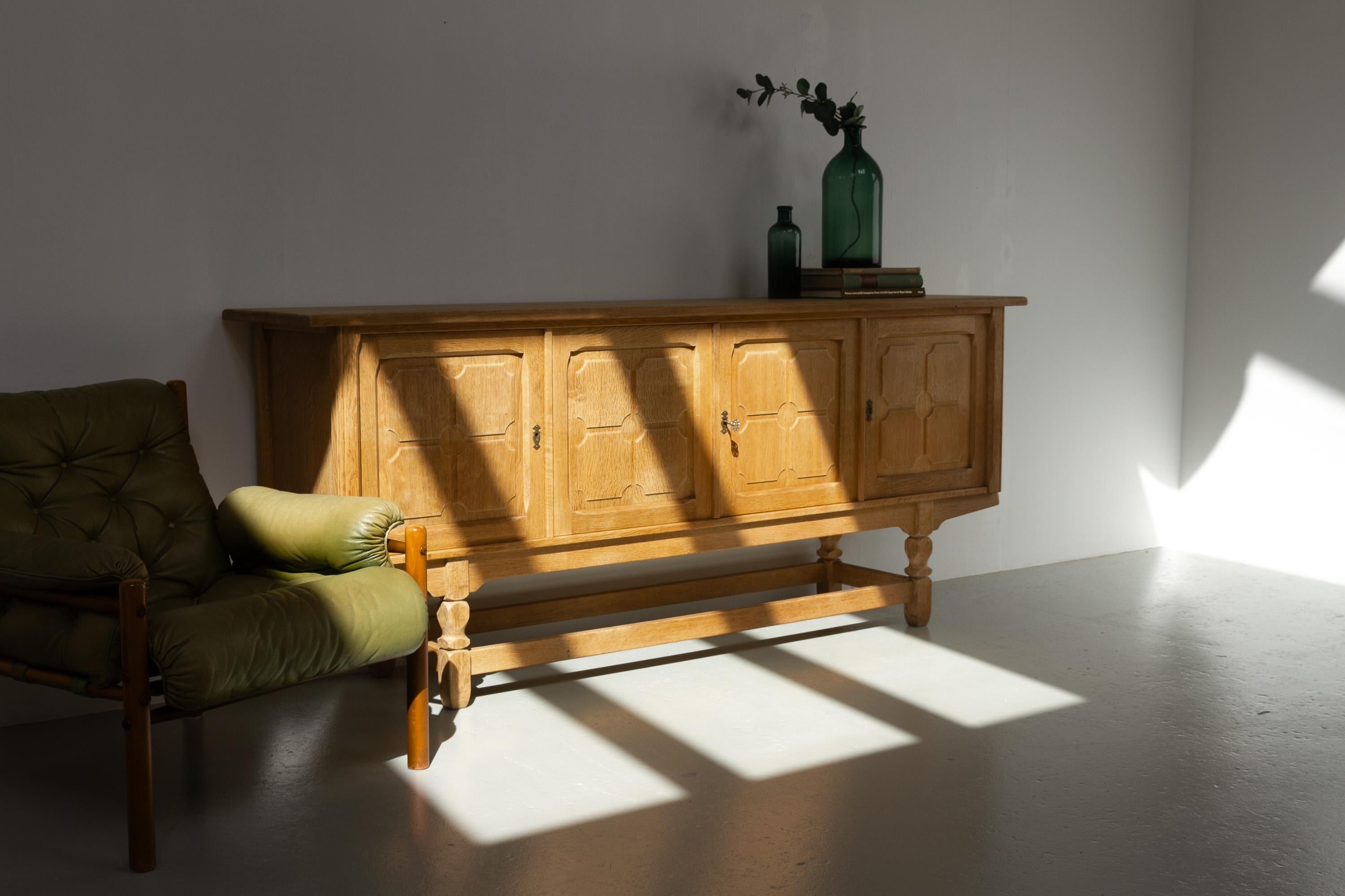 Danish Brutalist Low Oak Sideboard attributed to Henning Kjærnulf, 1960s. For Sale 16