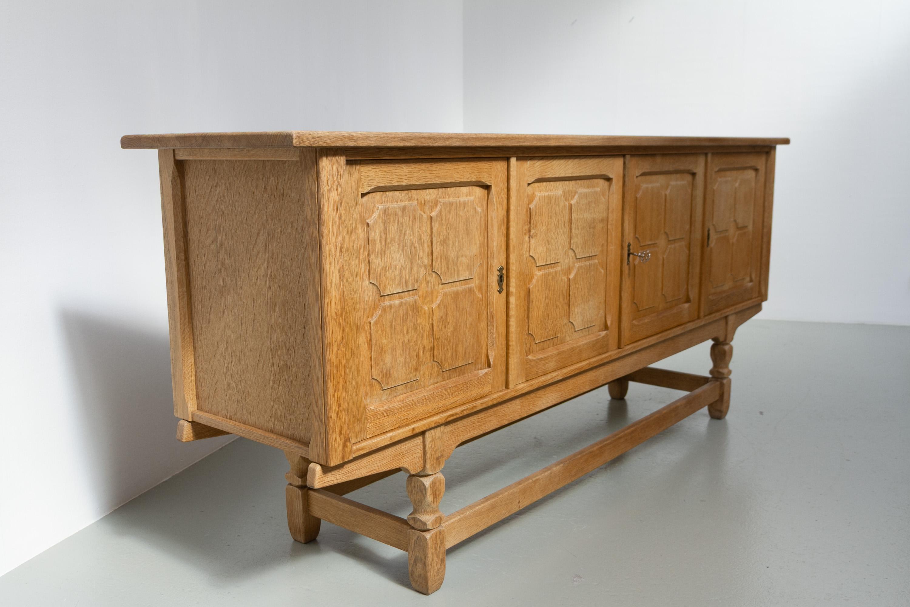 Danish Brutalist Low Oak Sideboard attributed to Henning Kjærnulf, 1960s. For Sale 2