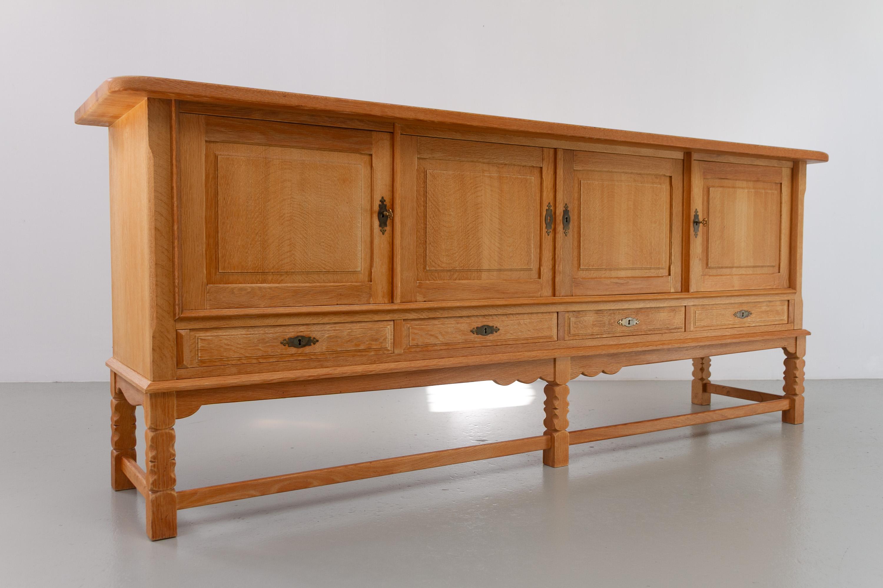 Danish Brutalist Low Oak Sideboard attributed to Henning Kjærnulf, 1960s. For Sale 4