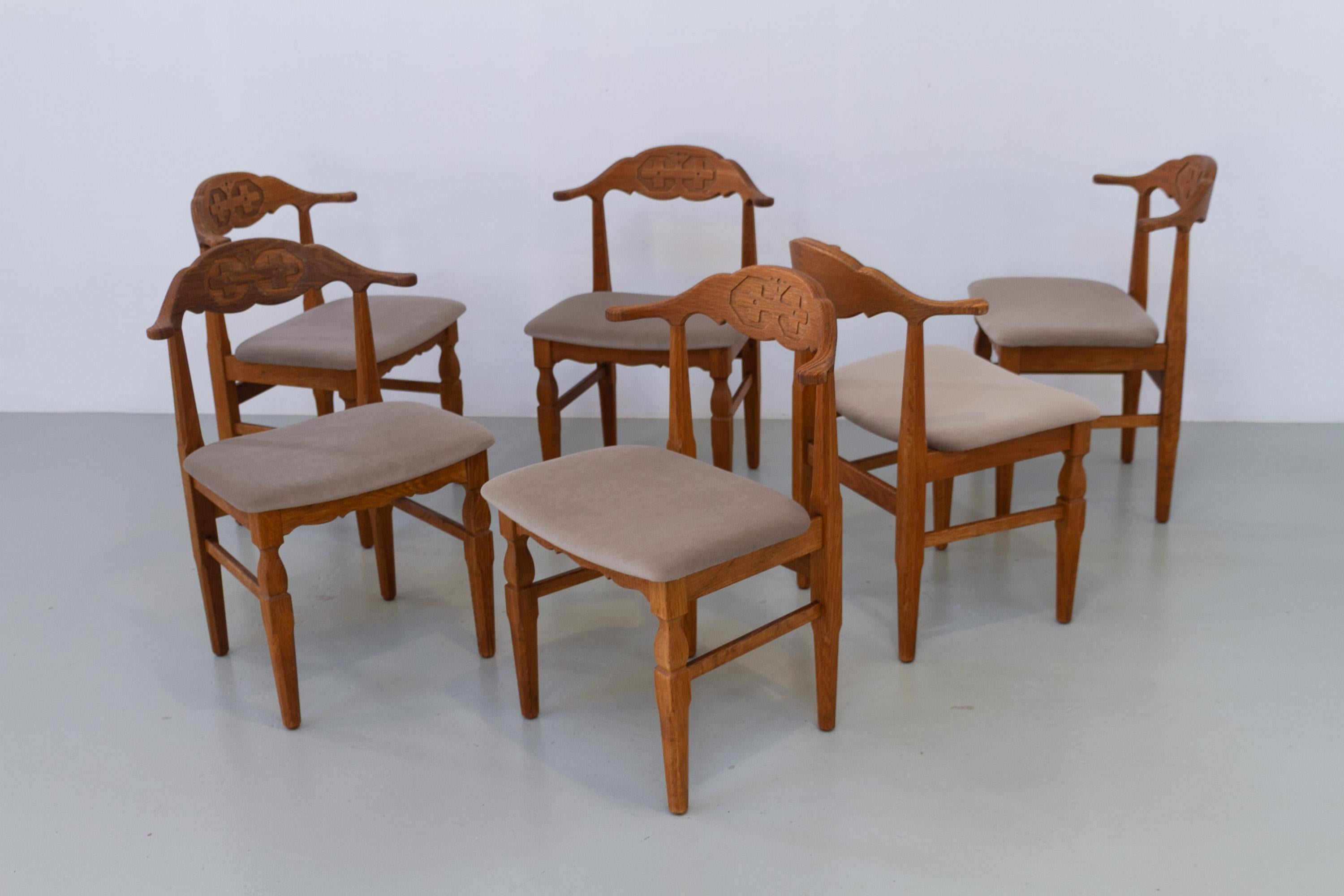 Danish Brutalist Oak Dining Chairs by Henning Kjærnulf, 1960s. Set of 6. For Sale 8