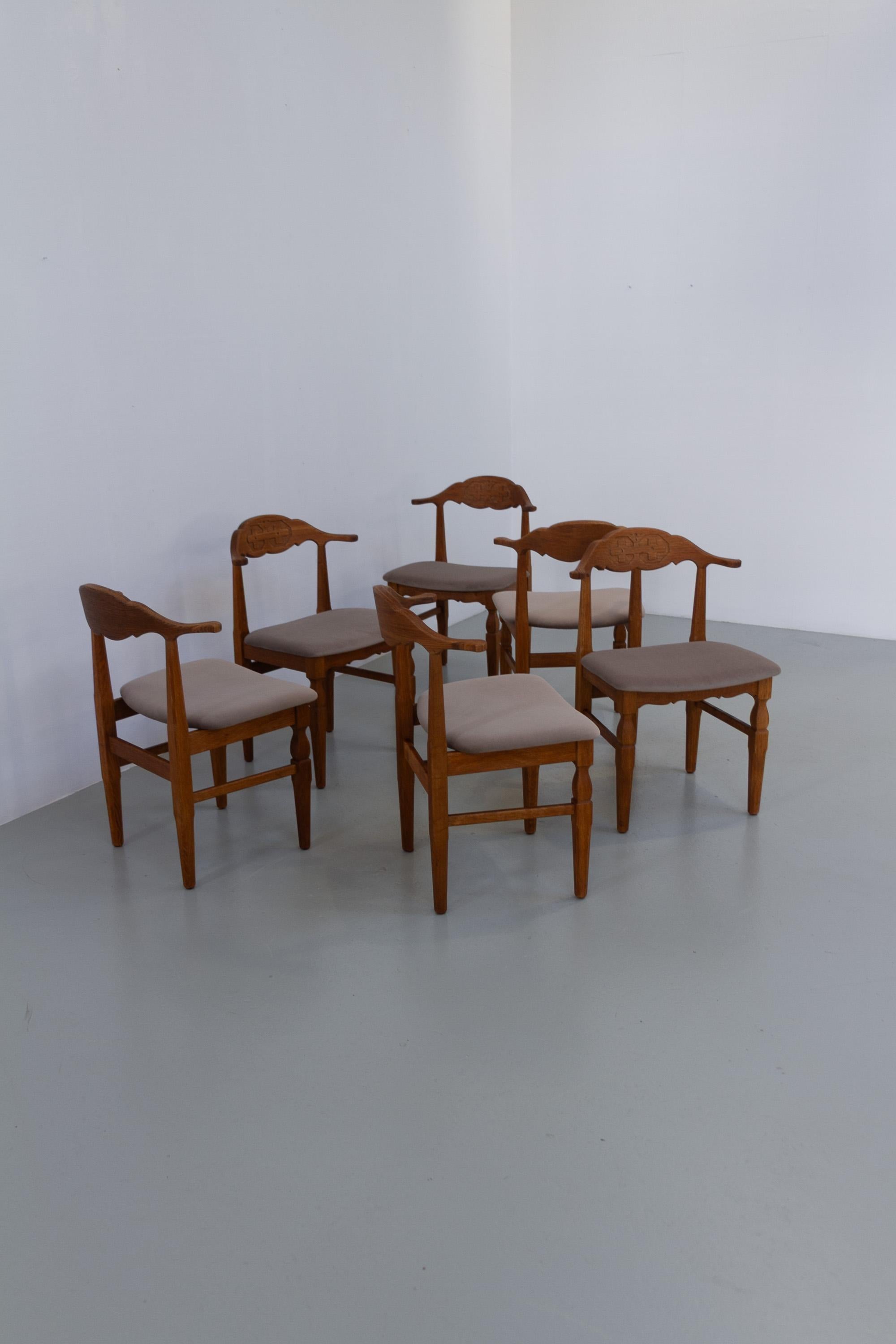 Danish Brutalist Oak Dining Chairs by Henning Kjærnulf, 1960s. Set of 6. For Sale 9