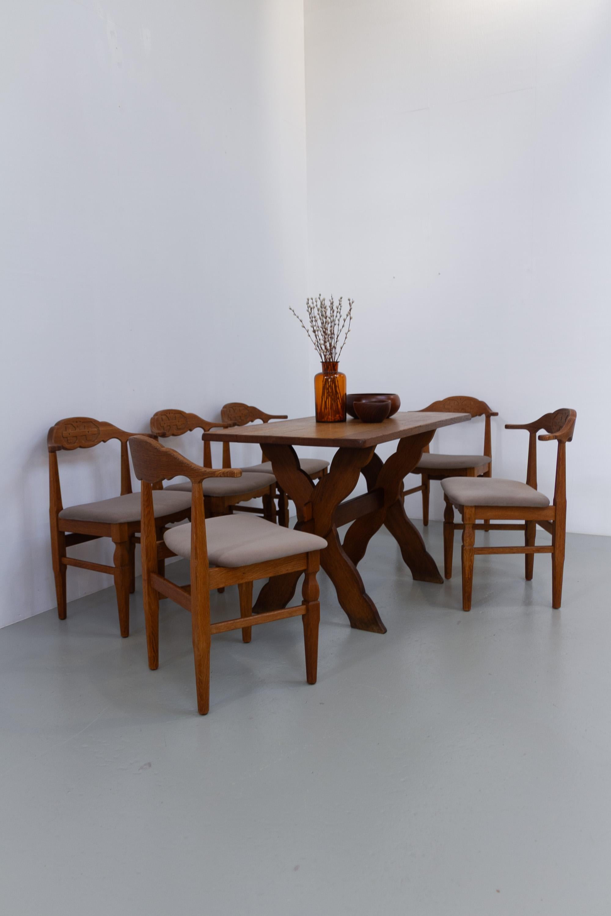 Danish Brutalist Oak Dining Chairs by Henning Kjærnulf, 1960s. Set of 6. For Sale 12