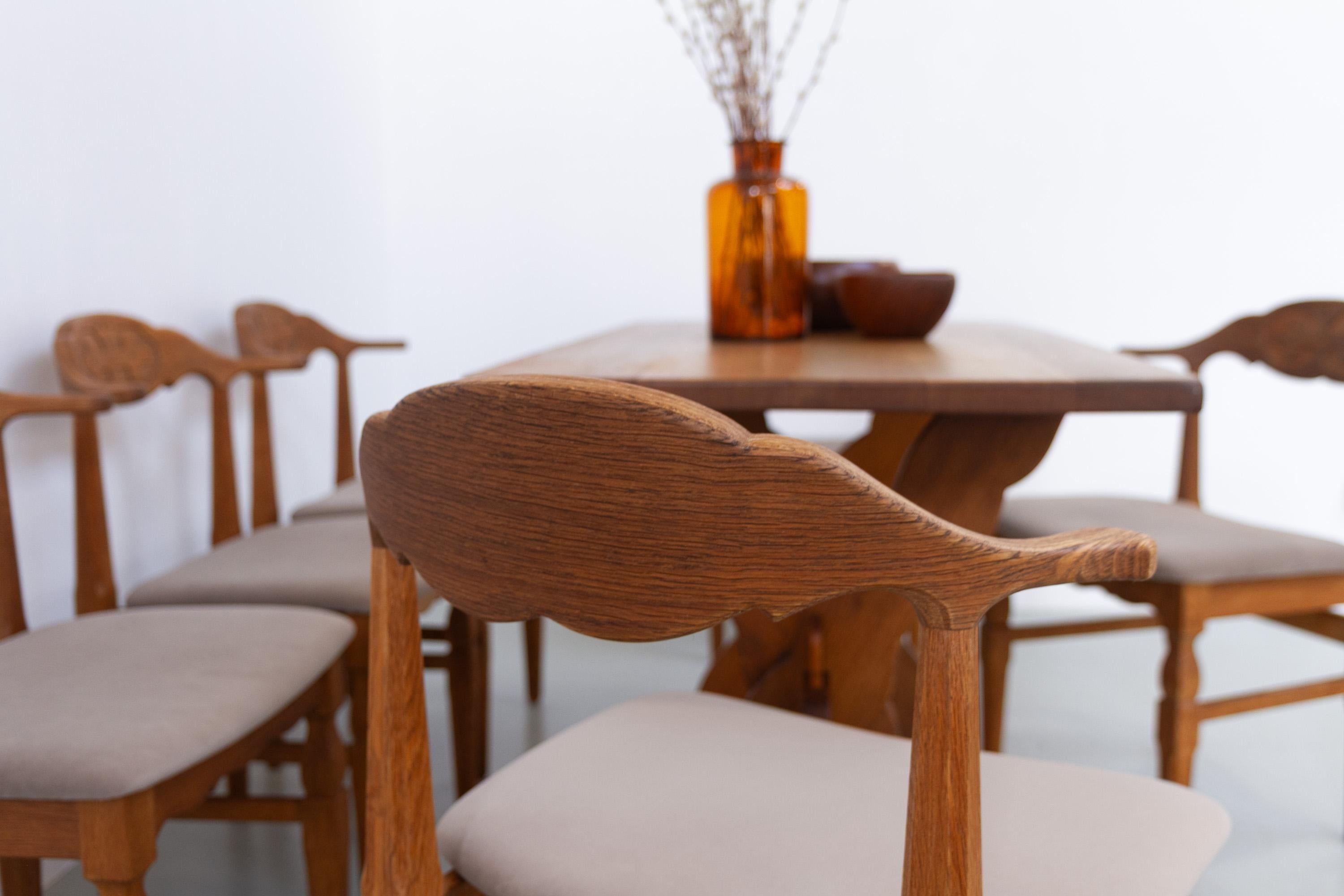 Danish Brutalist Oak Dining Chairs by Henning Kjærnulf, 1960s. Set of 6. For Sale 13