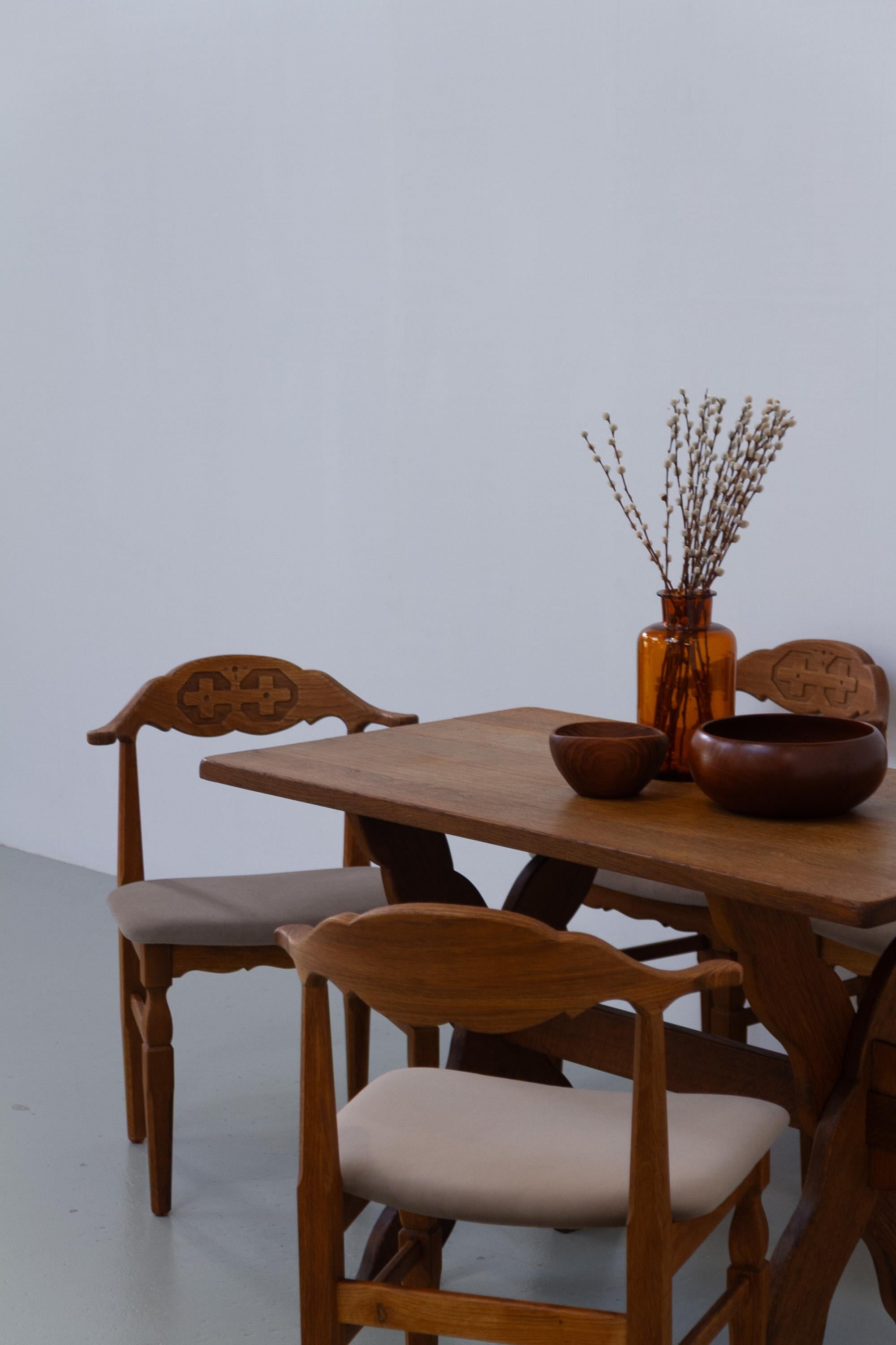 Danish Brutalist Oak Dining Chairs by Henning Kjærnulf, 1960s. Set of 6. For Sale 14